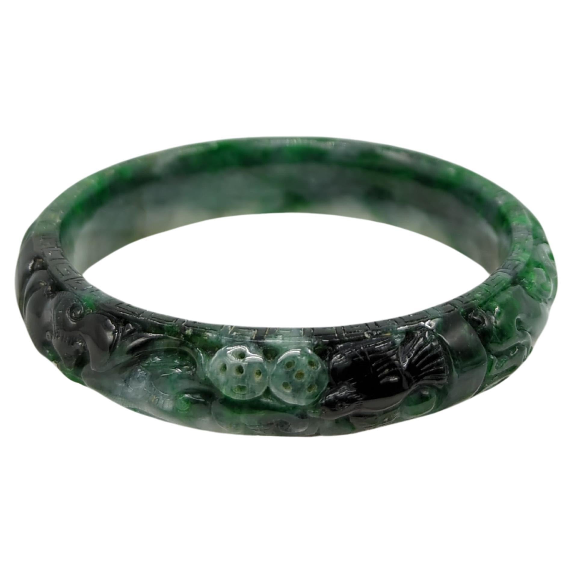 Chinese Heavily Carved Natural A-Grade Green to Ink Jadeite Bangle ID:60mm 54.5g In Excellent Condition For Sale In Richmond, CA