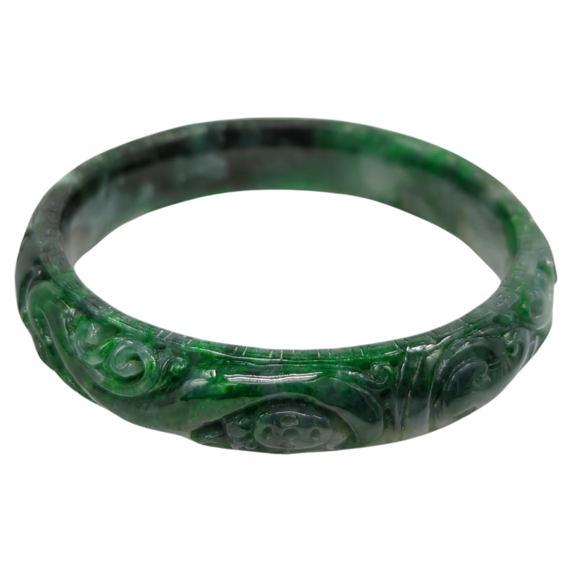 Women's Chinese Heavily Carved Natural A-Grade Green to Ink Jadeite Bangle ID:60mm 54.5g For Sale