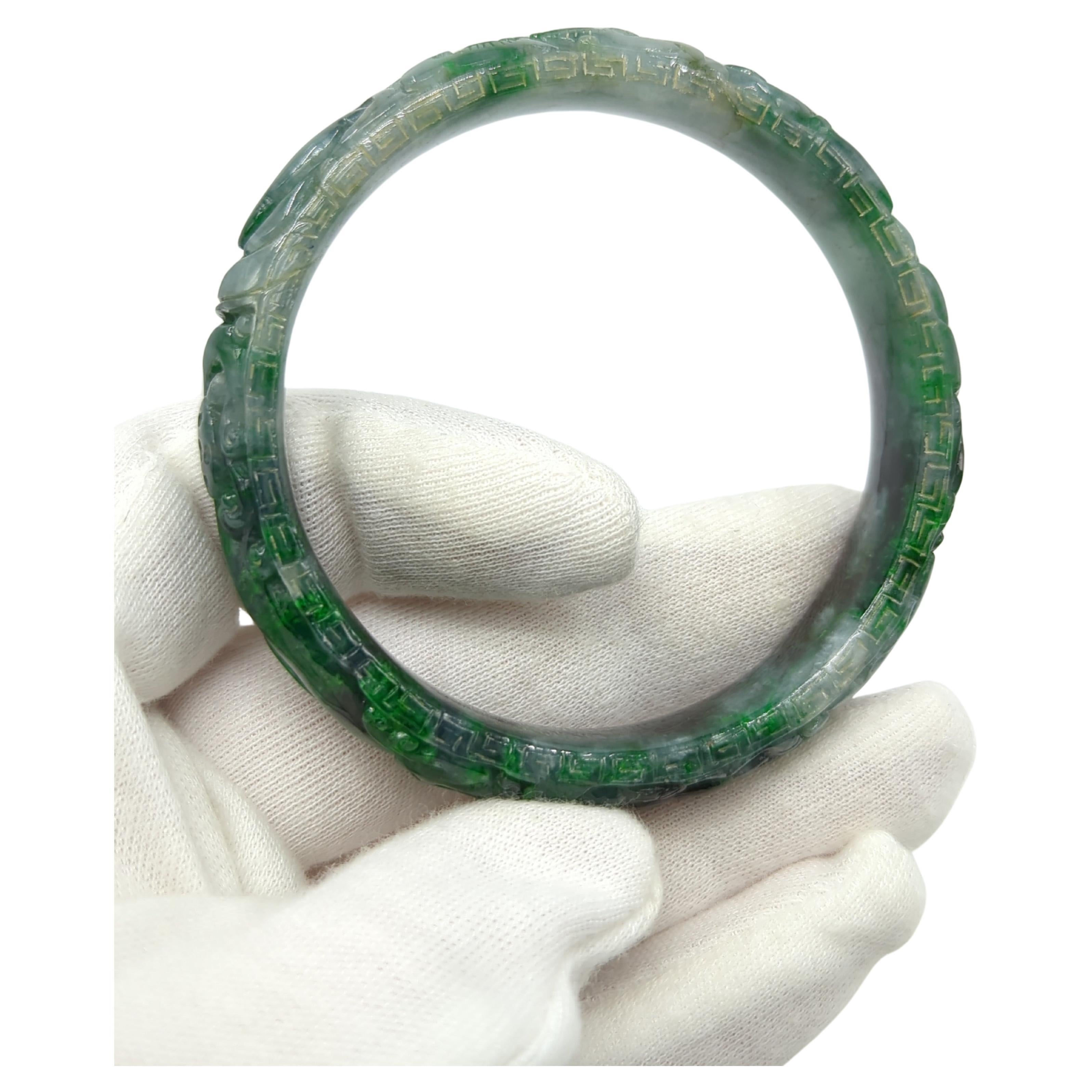 Chinese Heavily Carved Natural A-Grade Green to Ink Jadeite Bangle ID:60mm 54.5g For Sale 1