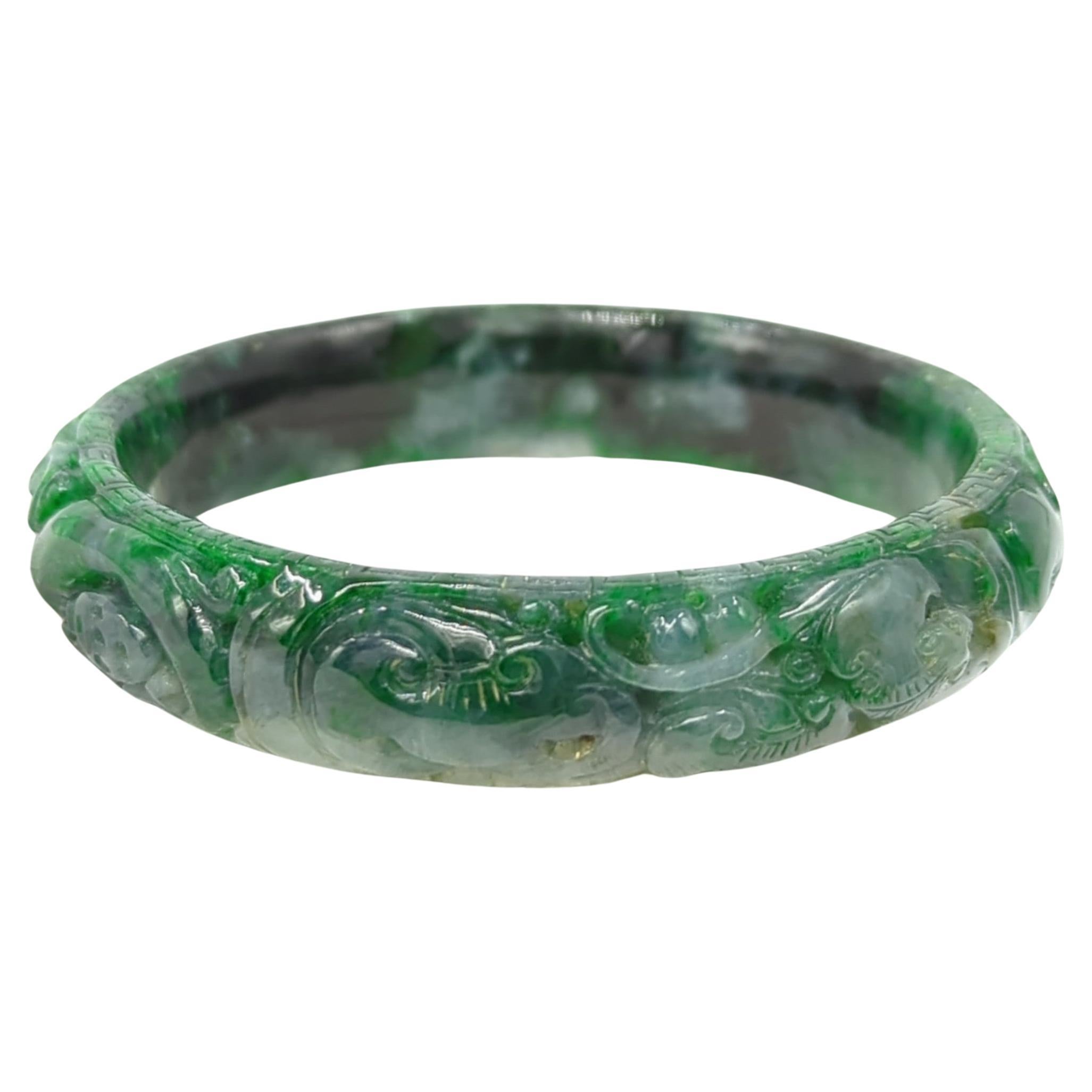 Chinese Heavily Carved Natural A-Grade Green to Ink Jadeite Bangle ID:60mm 54.5g For Sale