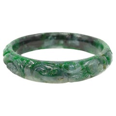 Bracelet jonc chinois sculpté en jadéite naturelle de couleur vert A-gris à encre ID : 60 mm 54,5 g