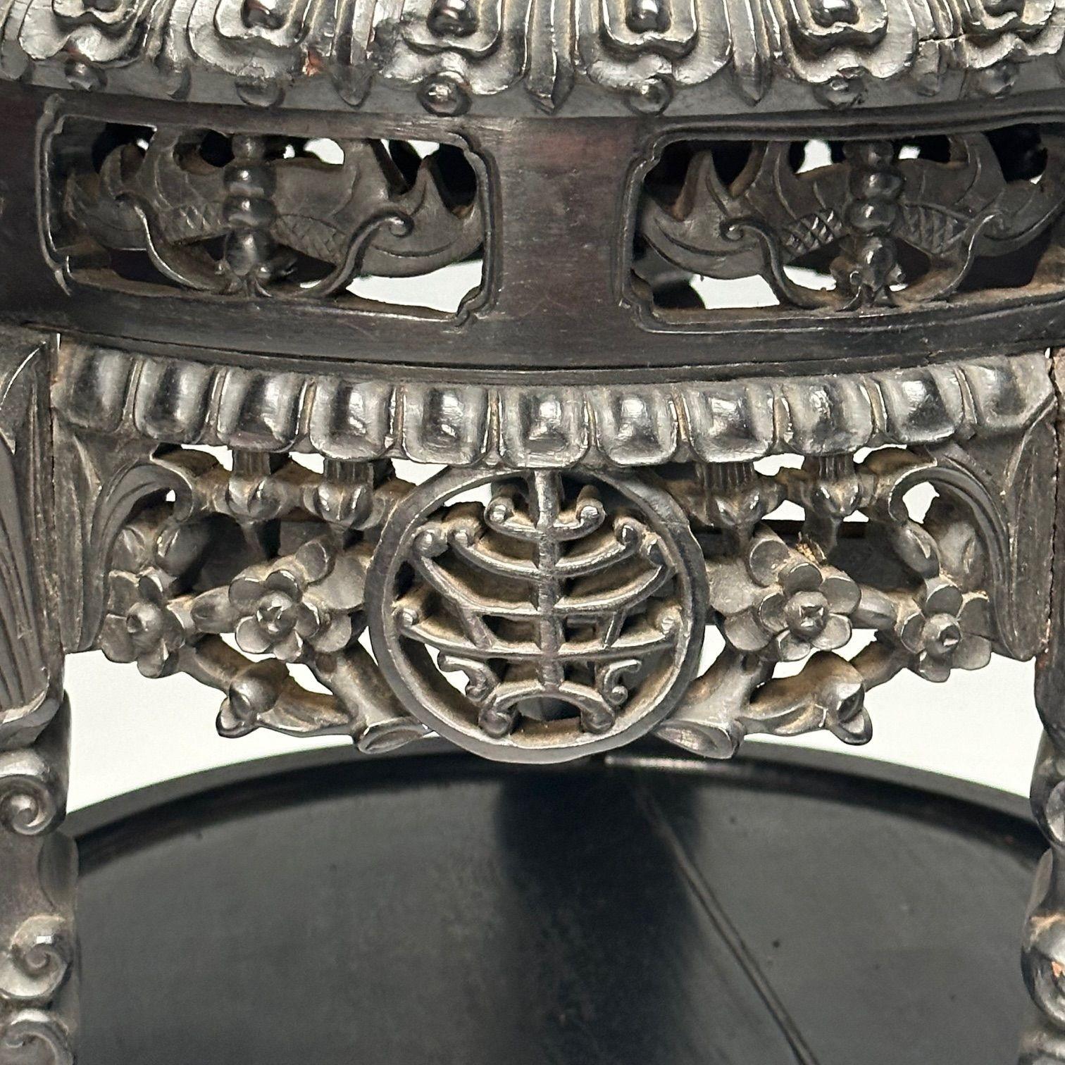 Chinese Heavily Carved, Occasional Tables or Pedestals, Teak, Marble, 1920s For Sale 6