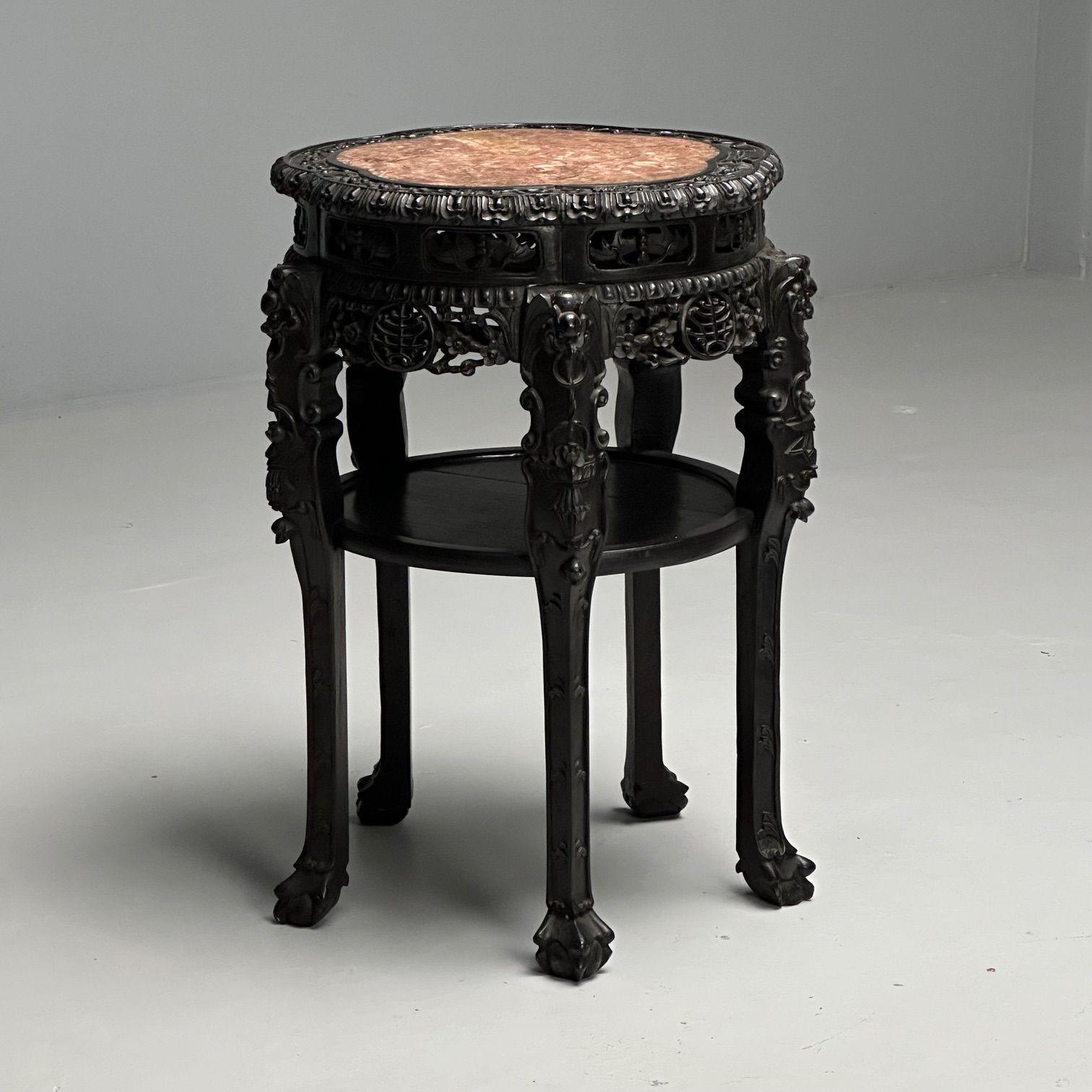 Chinese Export Chinese Heavily Carved, Occasional Tables or Pedestals, Teak, Marble, 1920s For Sale