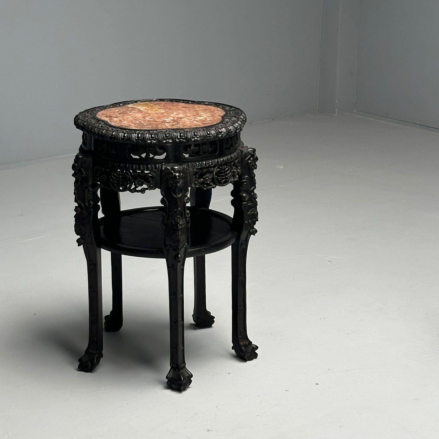 Chinese Heavily Carved, Occasional Tables or Pedestals, Teak, Marble, 1920s In Good Condition For Sale In Manhasset, NY