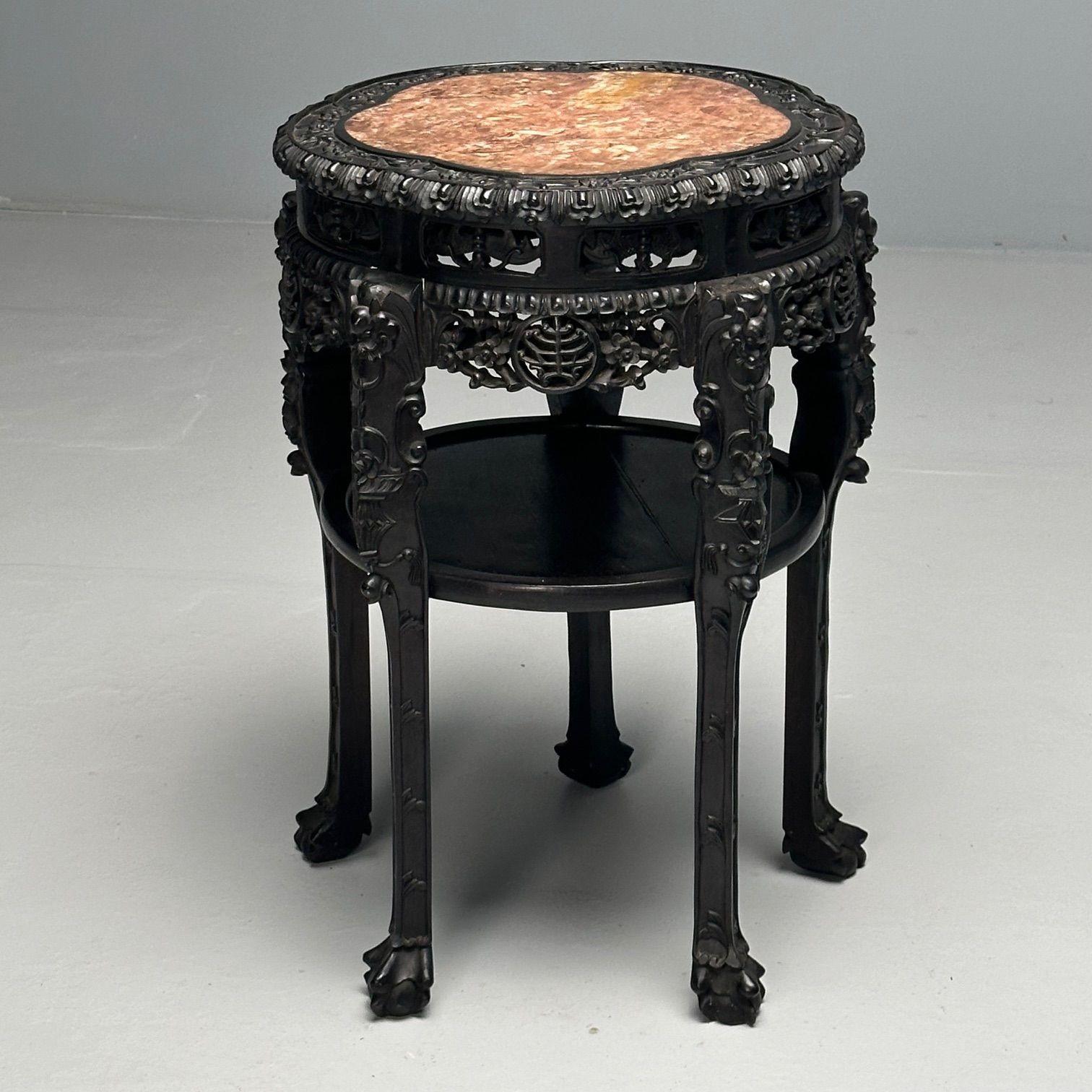 20th Century Chinese Heavily Carved, Occasional Tables or Pedestals, Teak, Marble, 1920s For Sale
