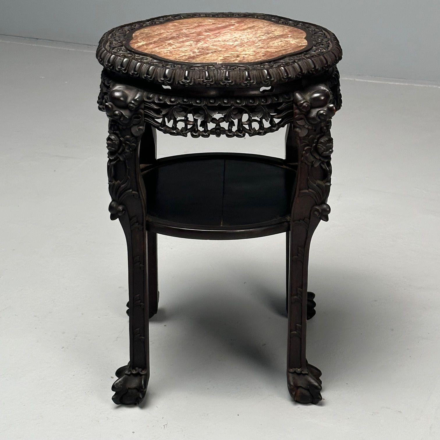 Chinese Heavily Carved, Occasional Tables or Pedestals, Teak, Marble, 1920s For Sale 1