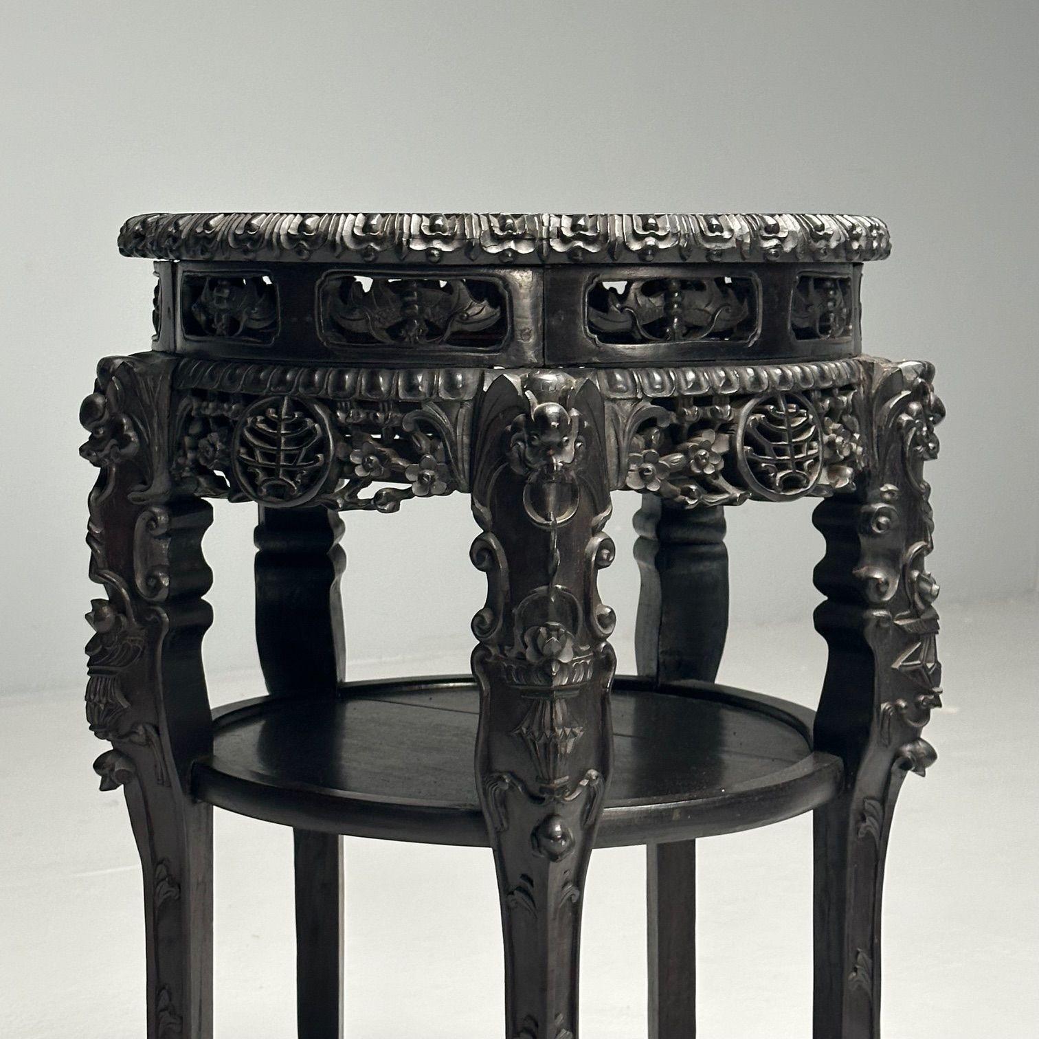 Chinese Heavily Carved, Occasional Tables or Pedestals, Teak, Marble, 1920s For Sale 2