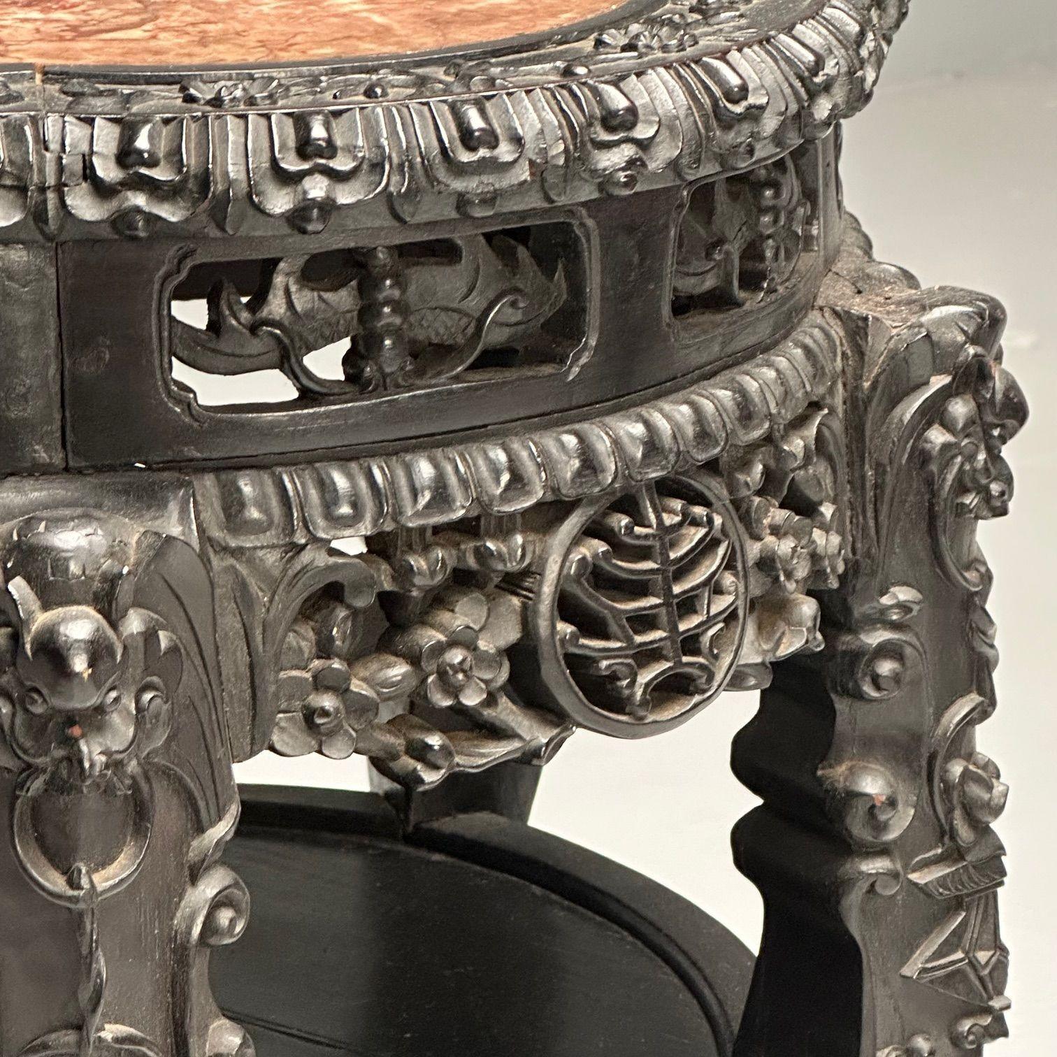Chinese Heavily Carved, Occasional Tables or Pedestals, Teak, Marble, 1920s For Sale 3