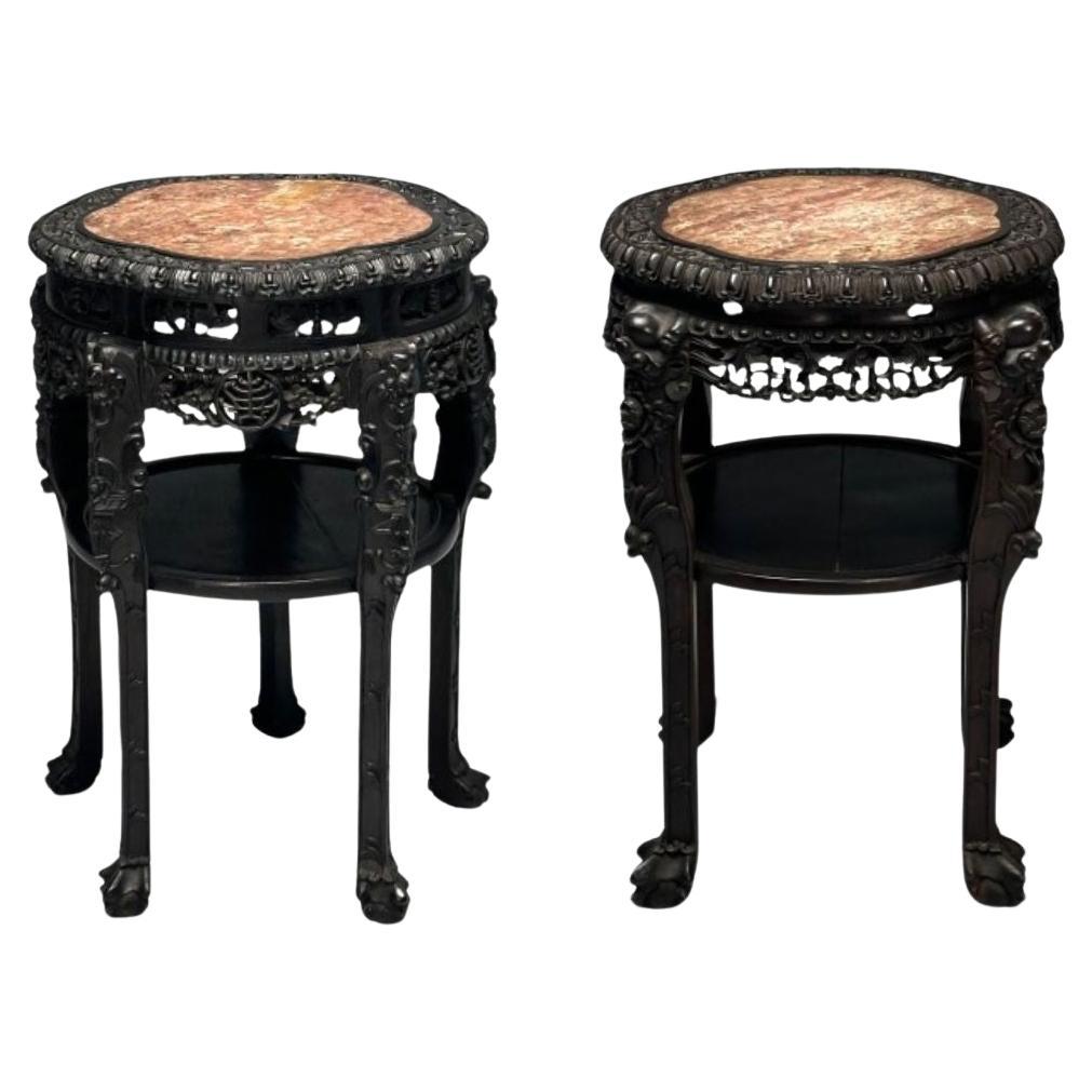 Chinese Heavily Carved, Occasional Tables or Pedestals, Teak, Marble, 1920s