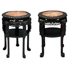 Chinese Heavily Carved, Occasional Tables or Pedestals, Teak, Marble, 1920s