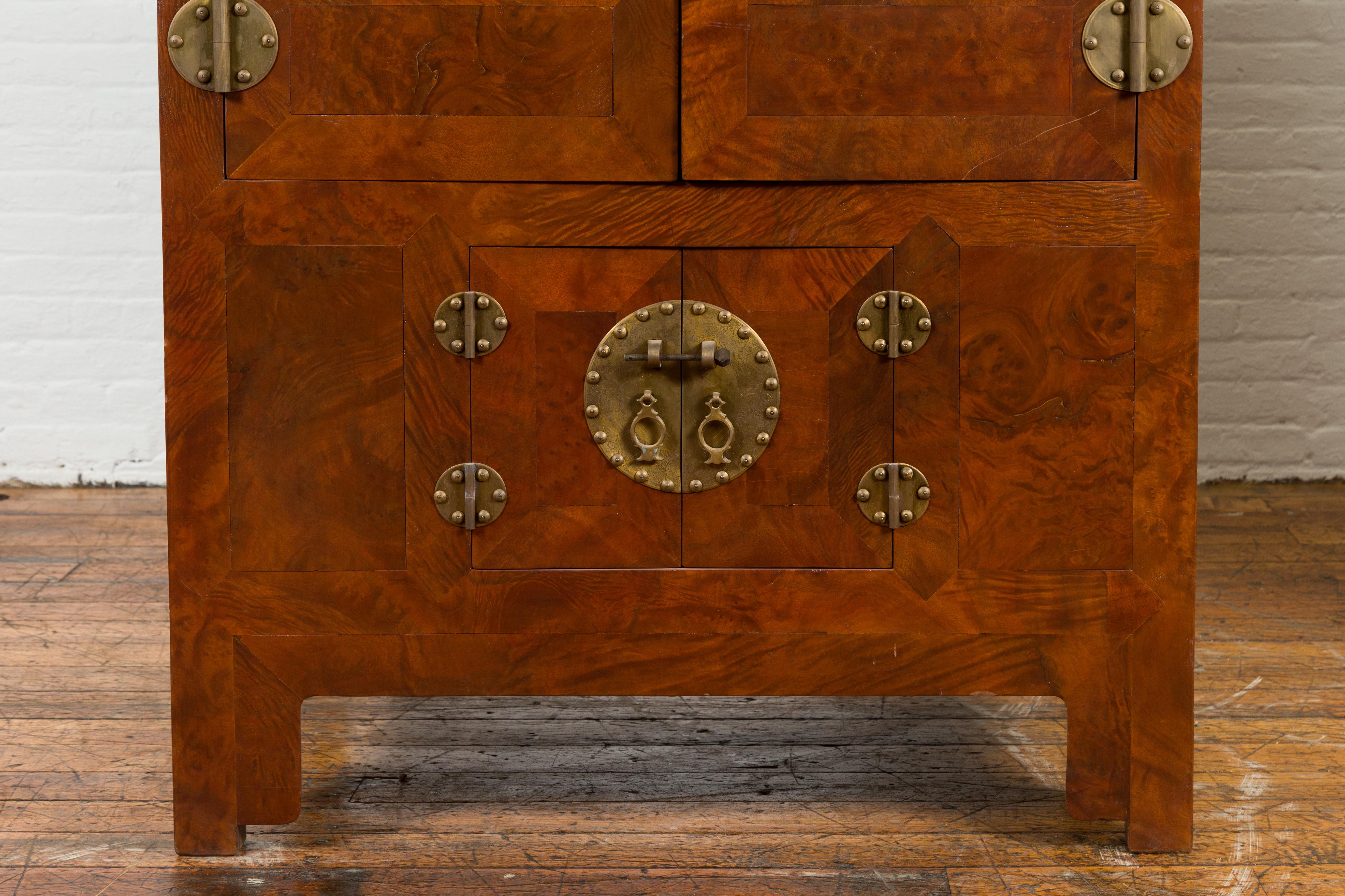 Chinese Hebei Province Early 20th Century Burl Wood Cabinet with Brass Medallion For Sale 2