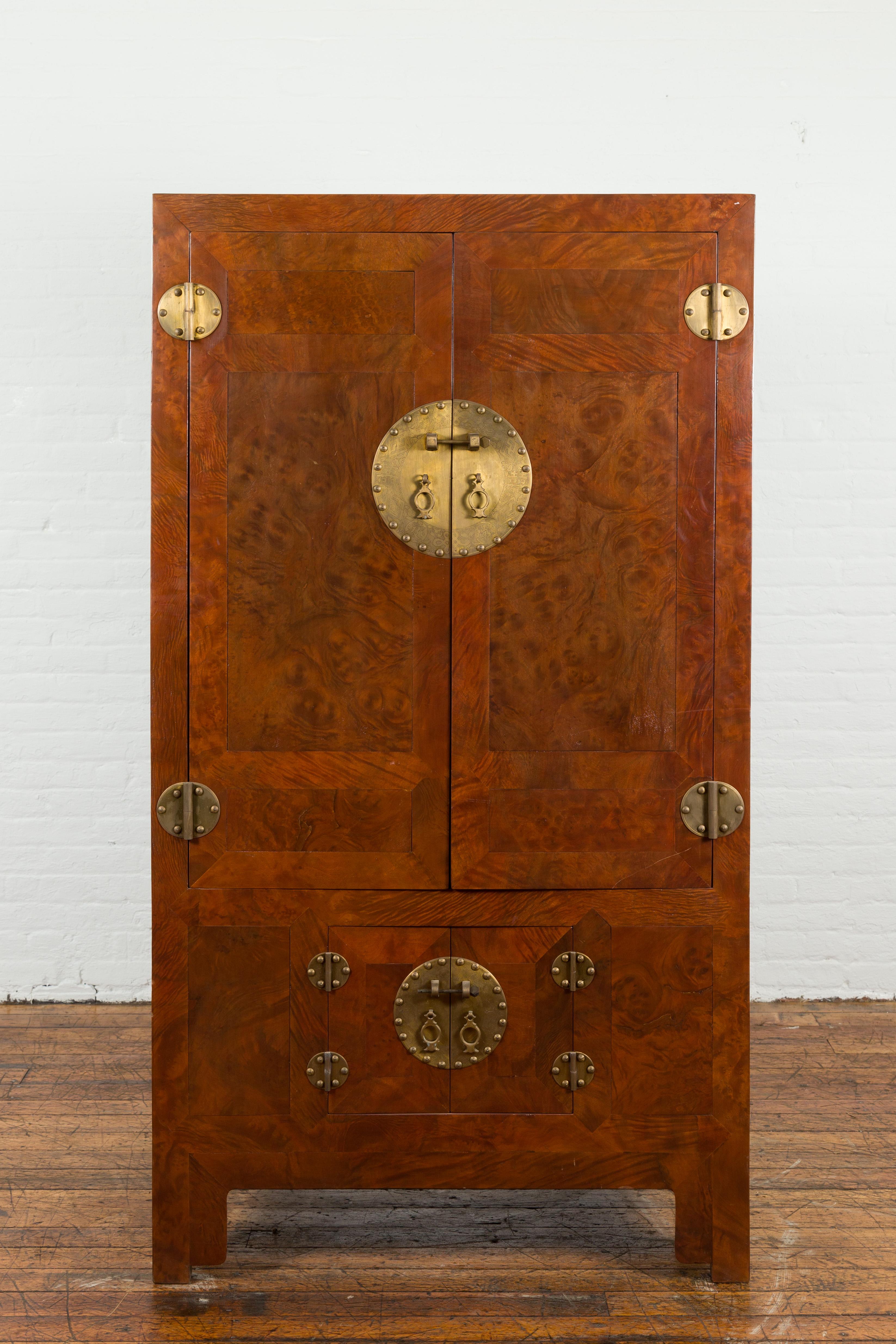 Chinese Hebei Province Early 20th Century Burl Wood Cabinet with Brass Medallion For Sale 5