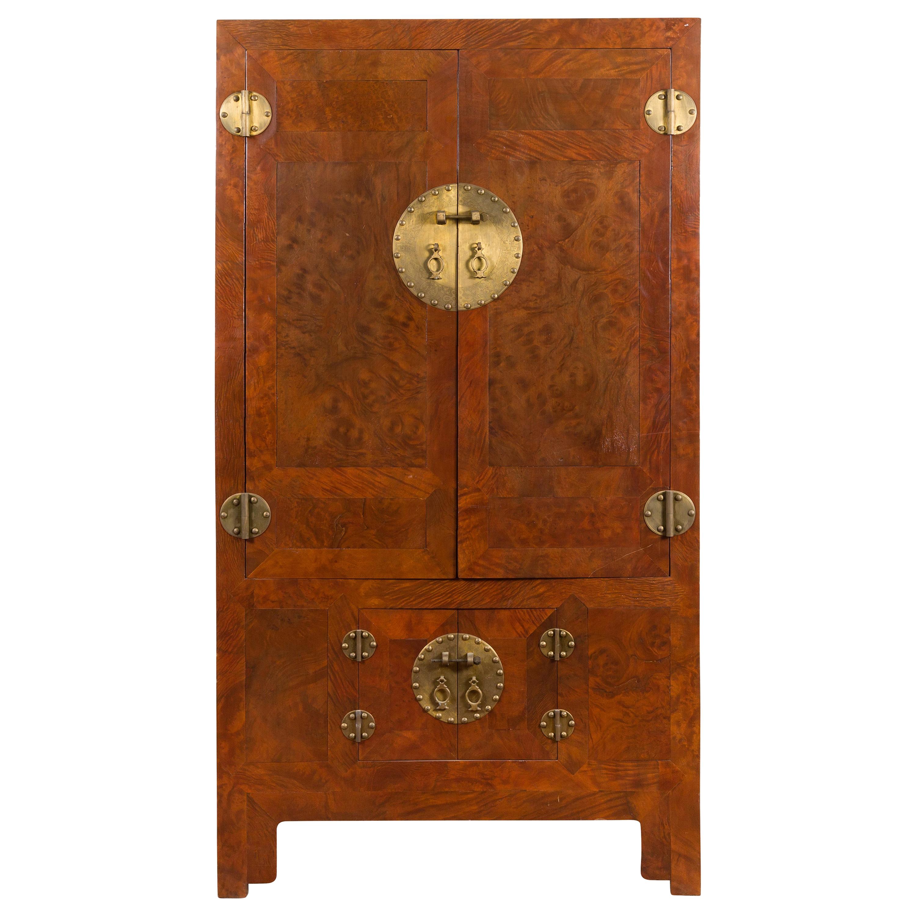 Chinese Hebei Province Early 20th Century Burl Wood Cabinet with Brass Medallion For Sale