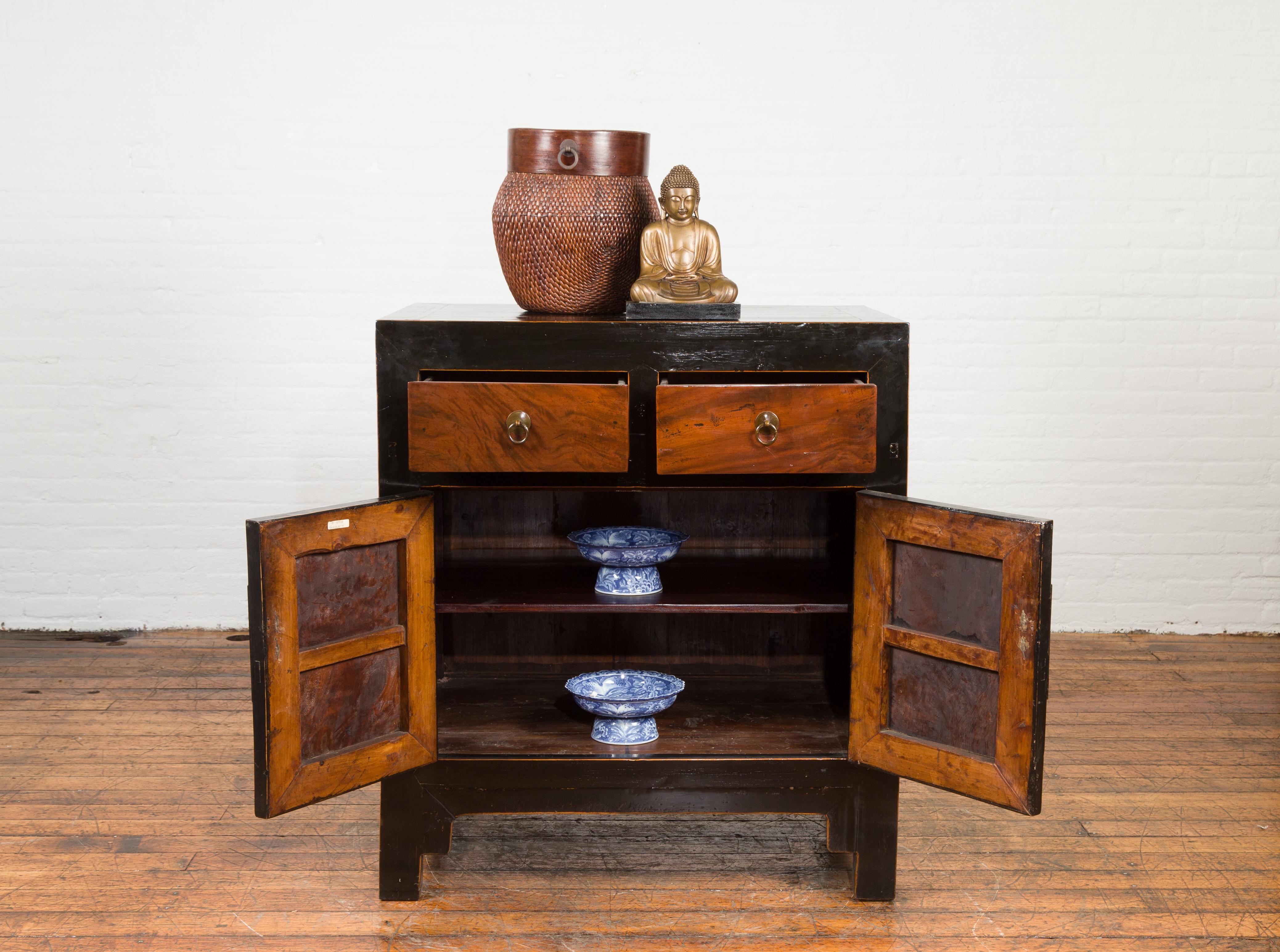 Lacquered Chinese Hebei Two Toned Low Cabinet with Black Lacquer and Burl Wood Accents For Sale
