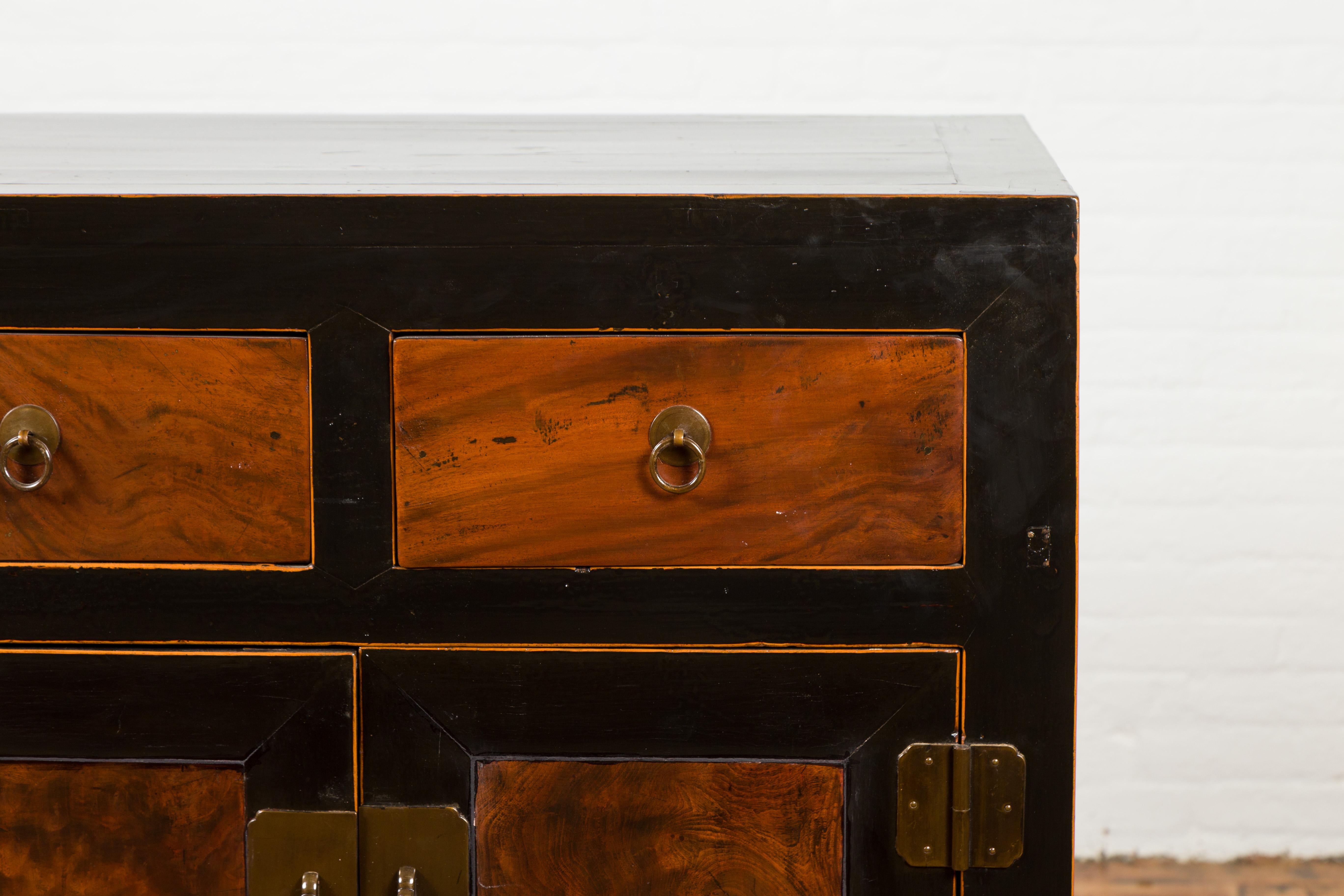 20th Century Chinese Hebei Two Toned Low Cabinet with Black Lacquer and Burl Wood Accents For Sale