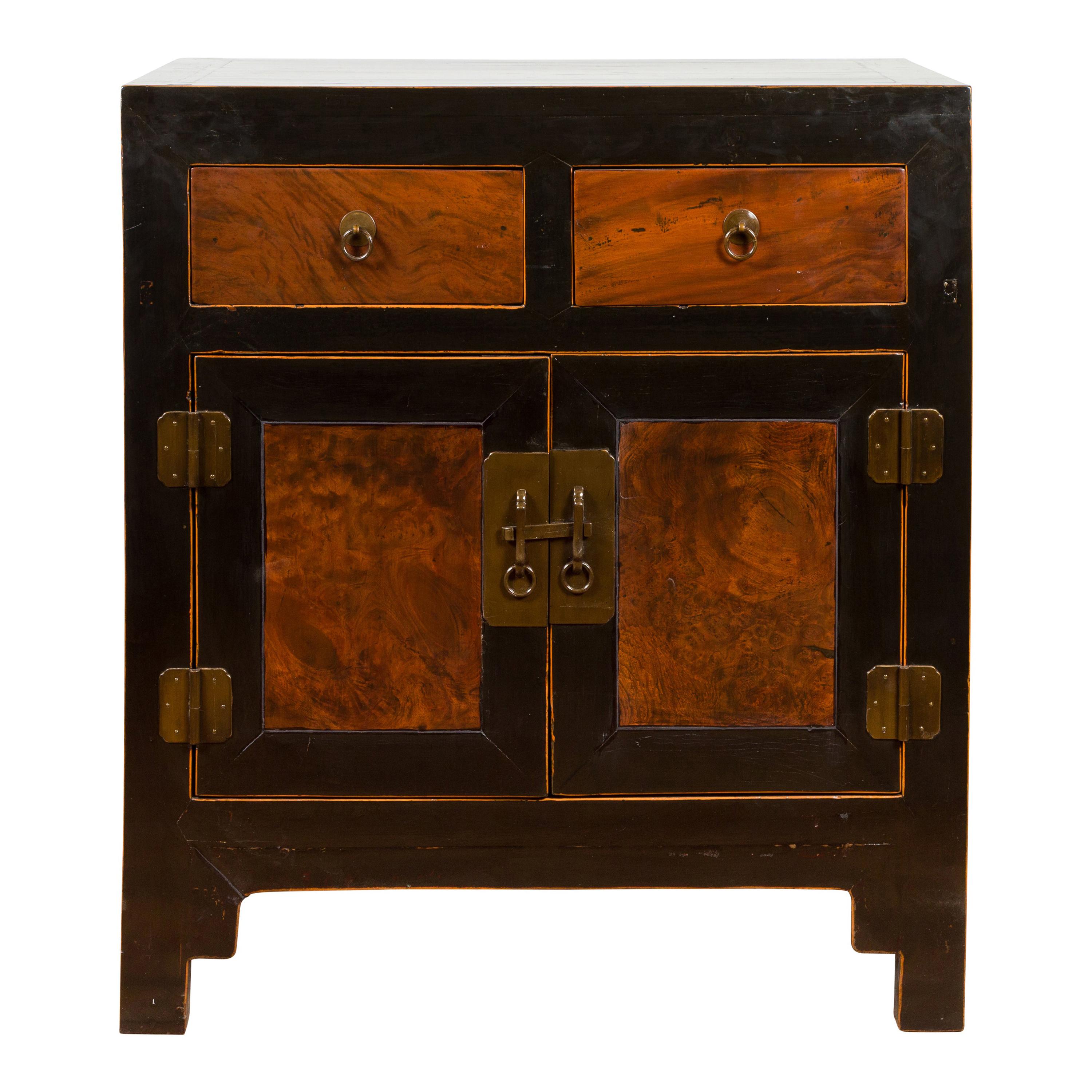Chinese Hebei Two Toned Low Cabinet with Black Lacquer and Burl Wood Accents For Sale