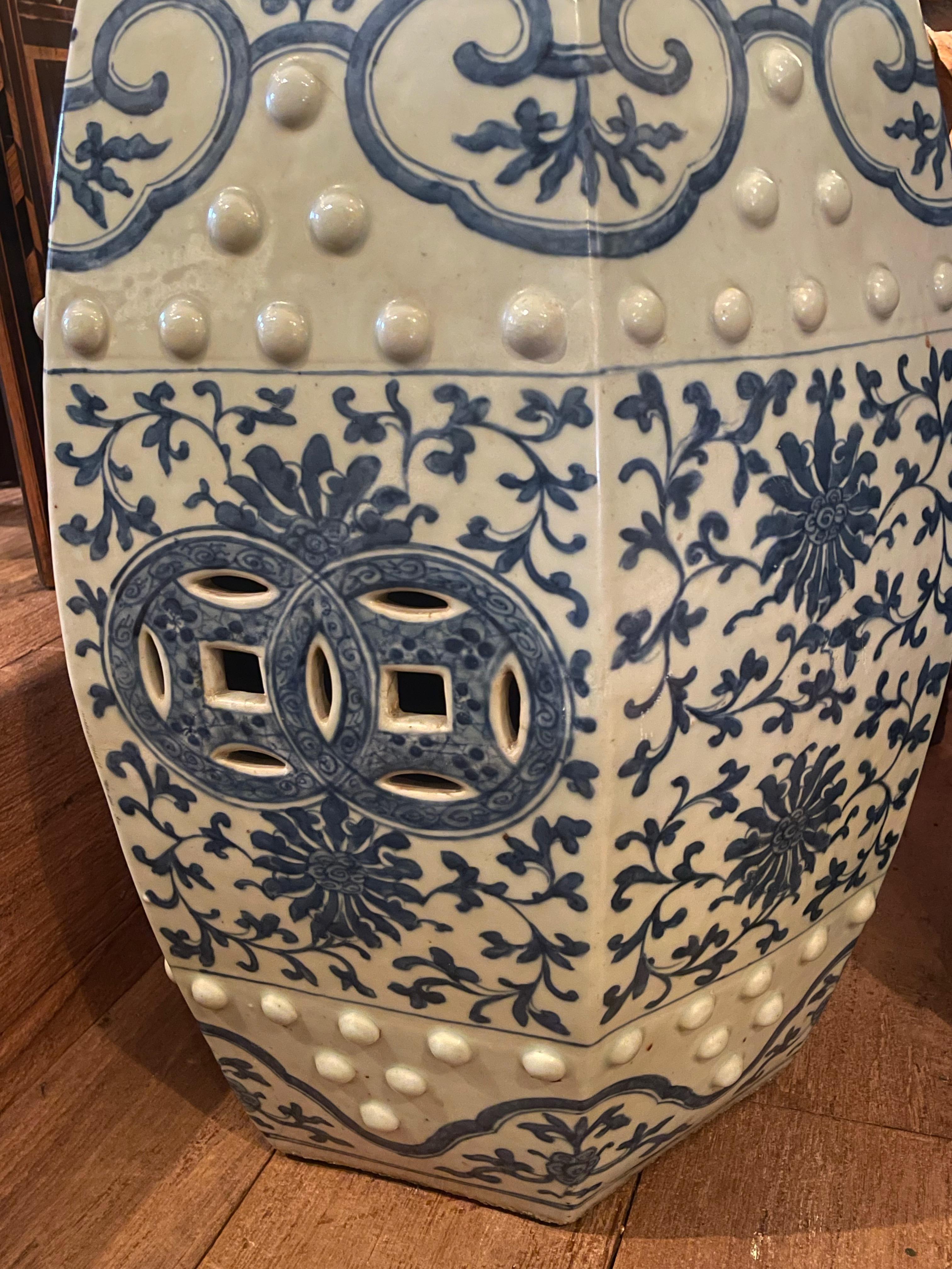 Late 19th Century Chinese Hexagonal Blue & White Porcelain Garden Seat c.1880 For Sale