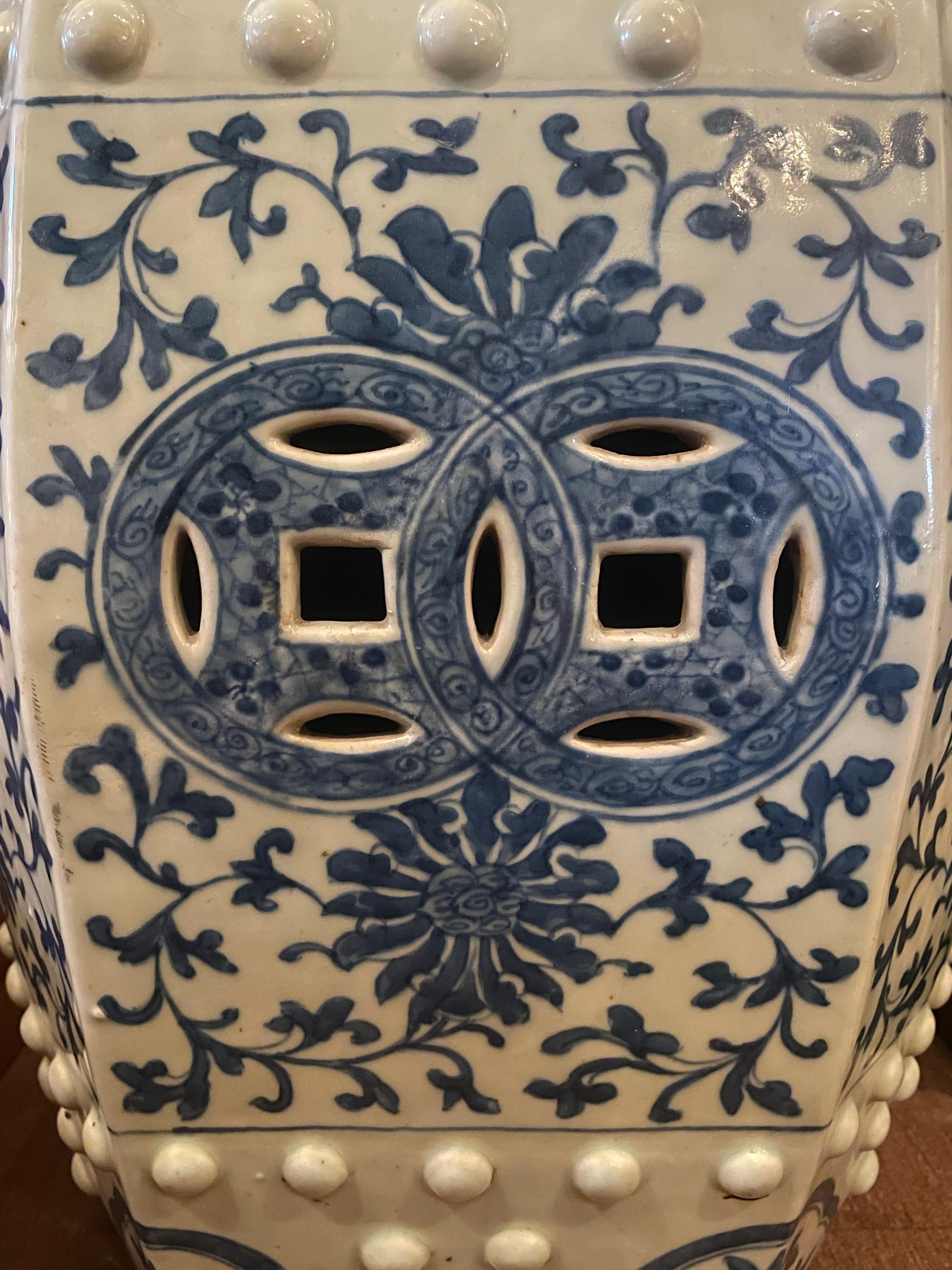 Chinese Hexagonal Blue & White Porcelain Garden Seat c.1880 For Sale 1