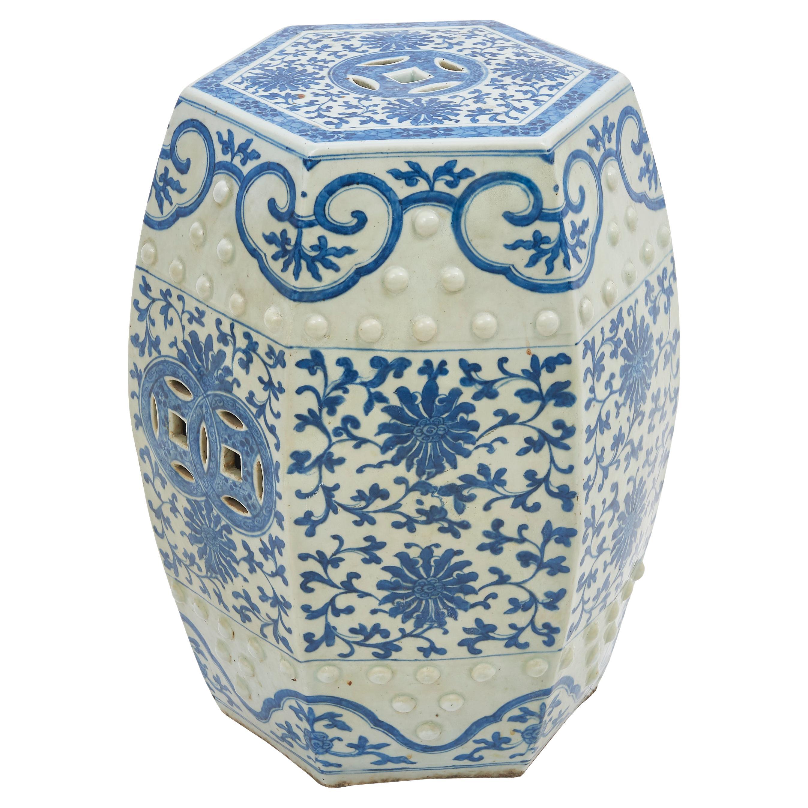 Chinese Hexagonal Blue & White Porcelain Garden Seat c.1880 For Sale