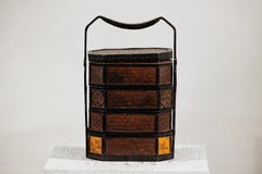 Chinese Hexagonal Four-Tier Woven Bamboo Basket with Carved Handle