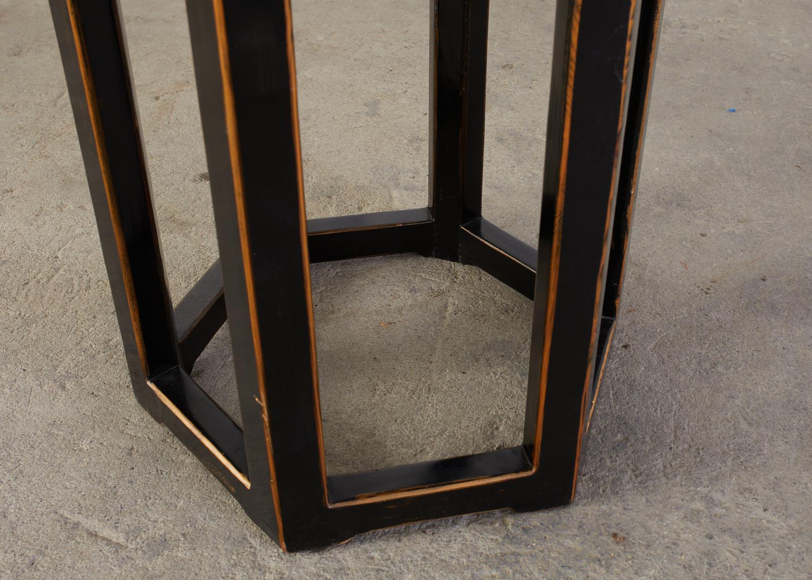 Chinese Hexagonal Lacquered Hardwood Pedestal Table In Good Condition In Rio Vista, CA