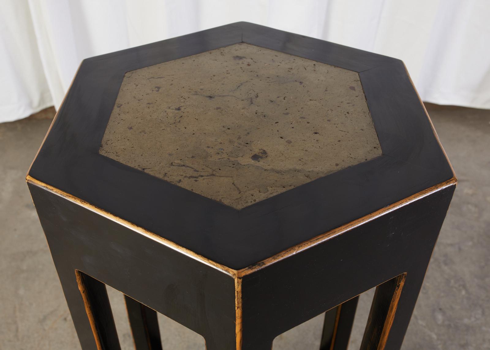Chinese Hexagonal Lacquered Hardwood Pedestal Table 2