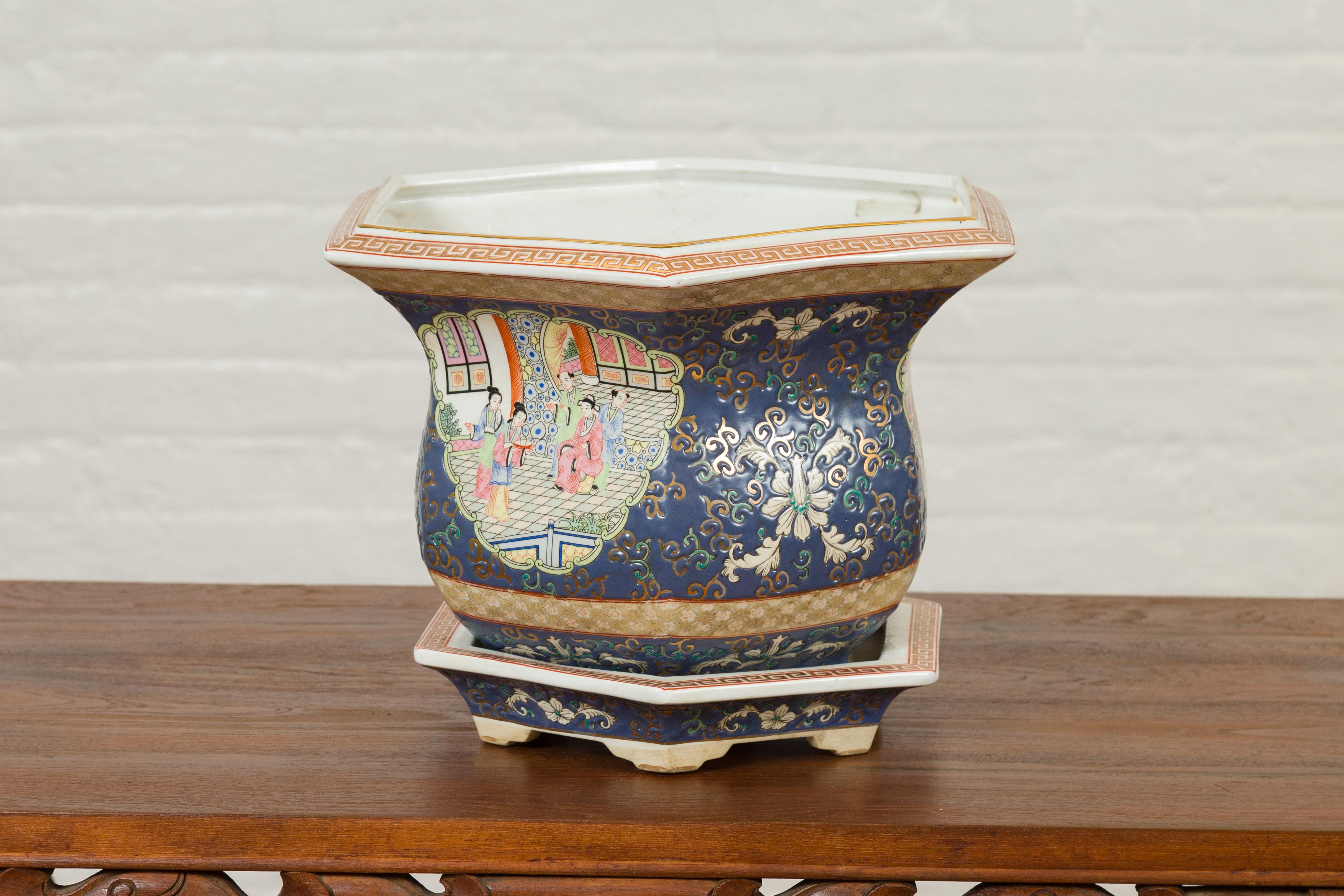 Chinese Hexagonal Planter with Hand Painted Courtyard Scenes Depicting Maidens 4