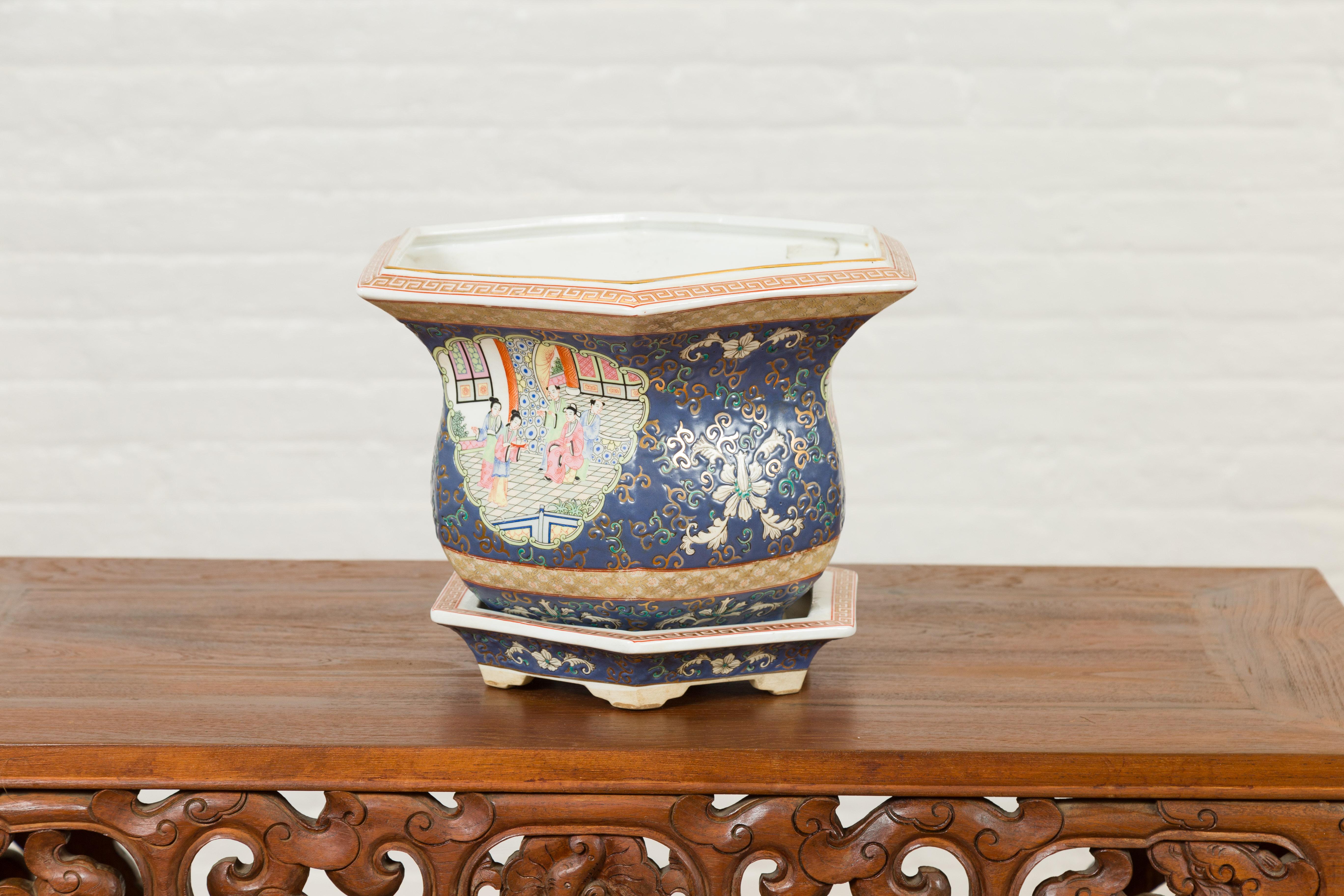 Chinese Hexagonal Planter with Hand Painted Courtyard Scenes Depicting Maidens 5