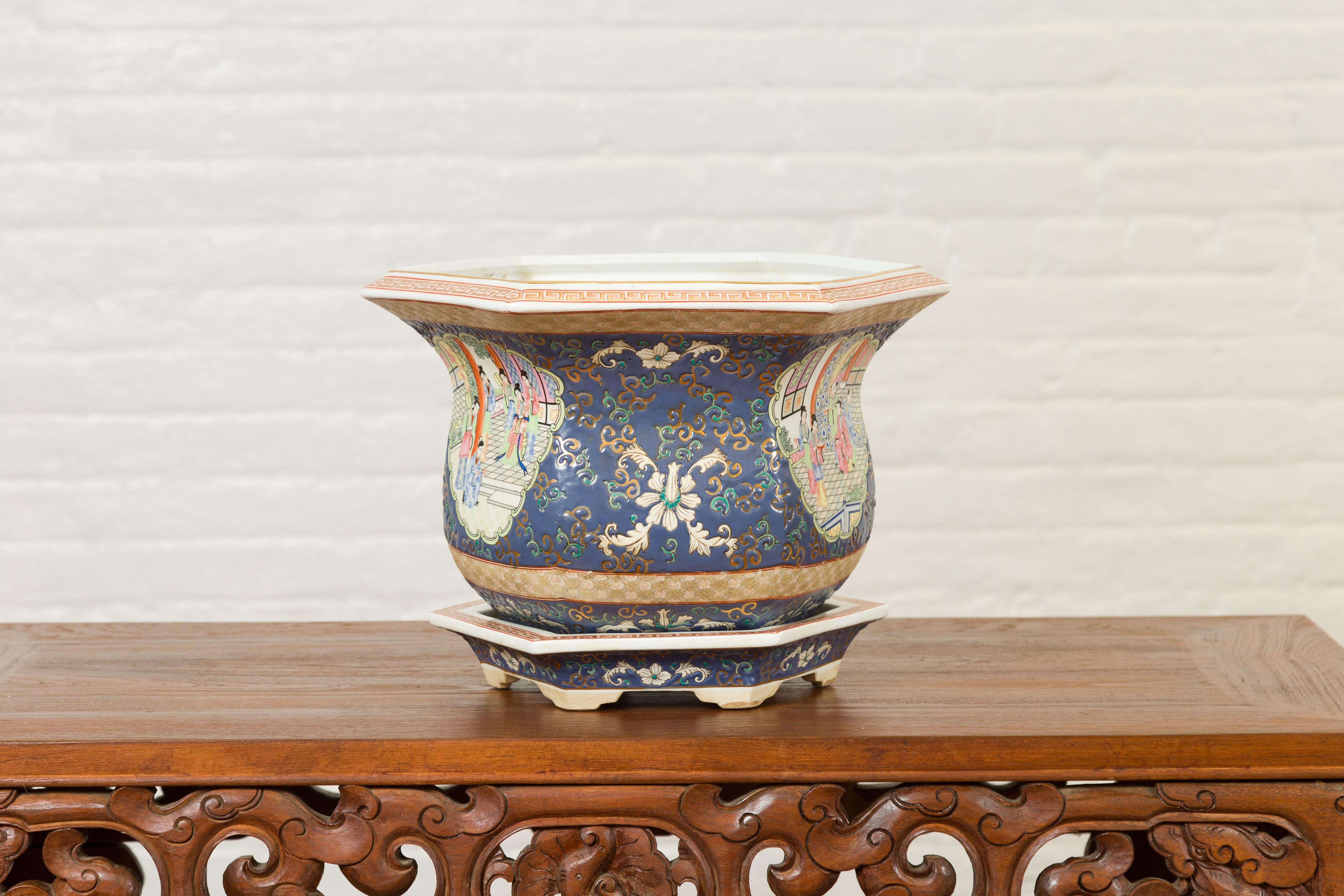 Chinese Hexagonal Planter with Hand Painted Courtyard Scenes Depicting Maidens 6
