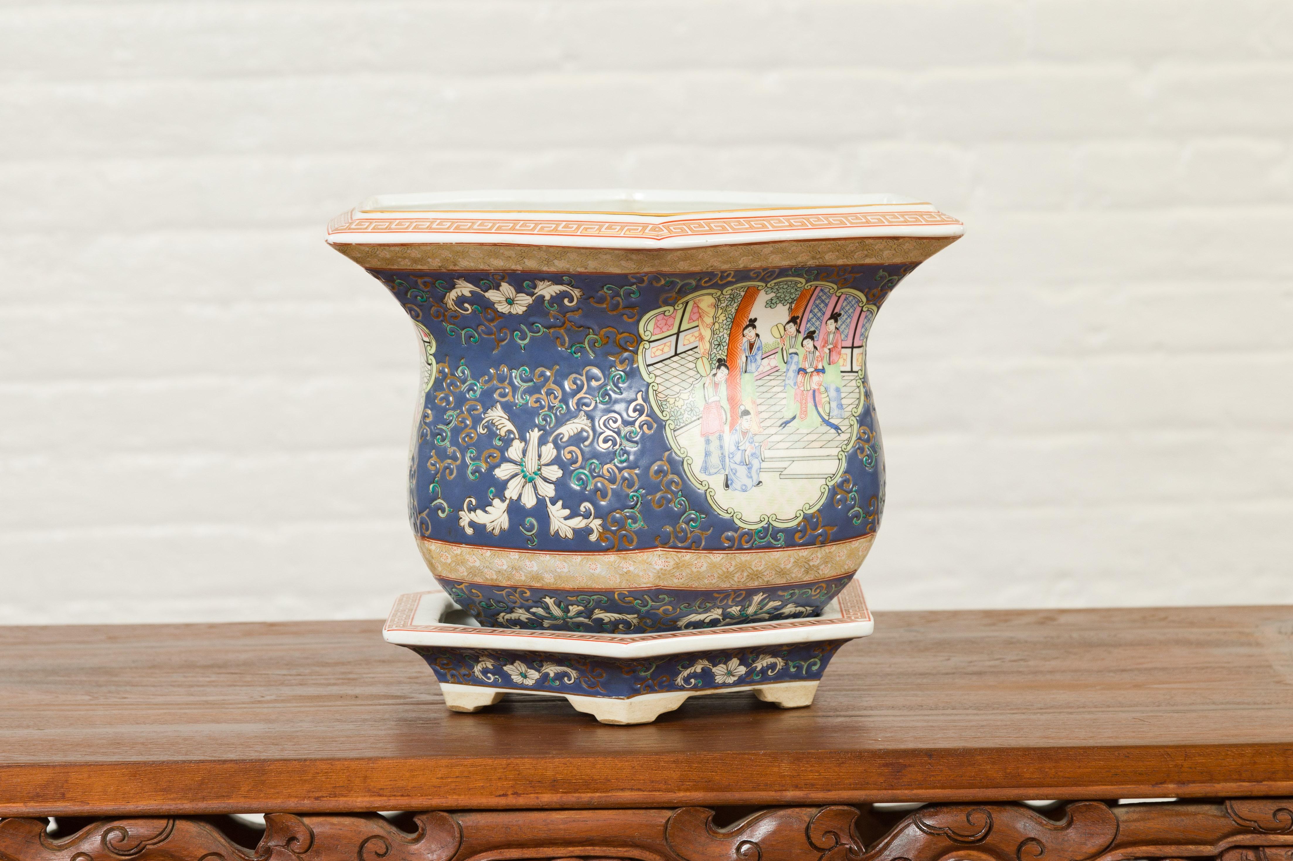 Chinese Hexagonal Planter with Hand Painted Courtyard Scenes Depicting Maidens 7