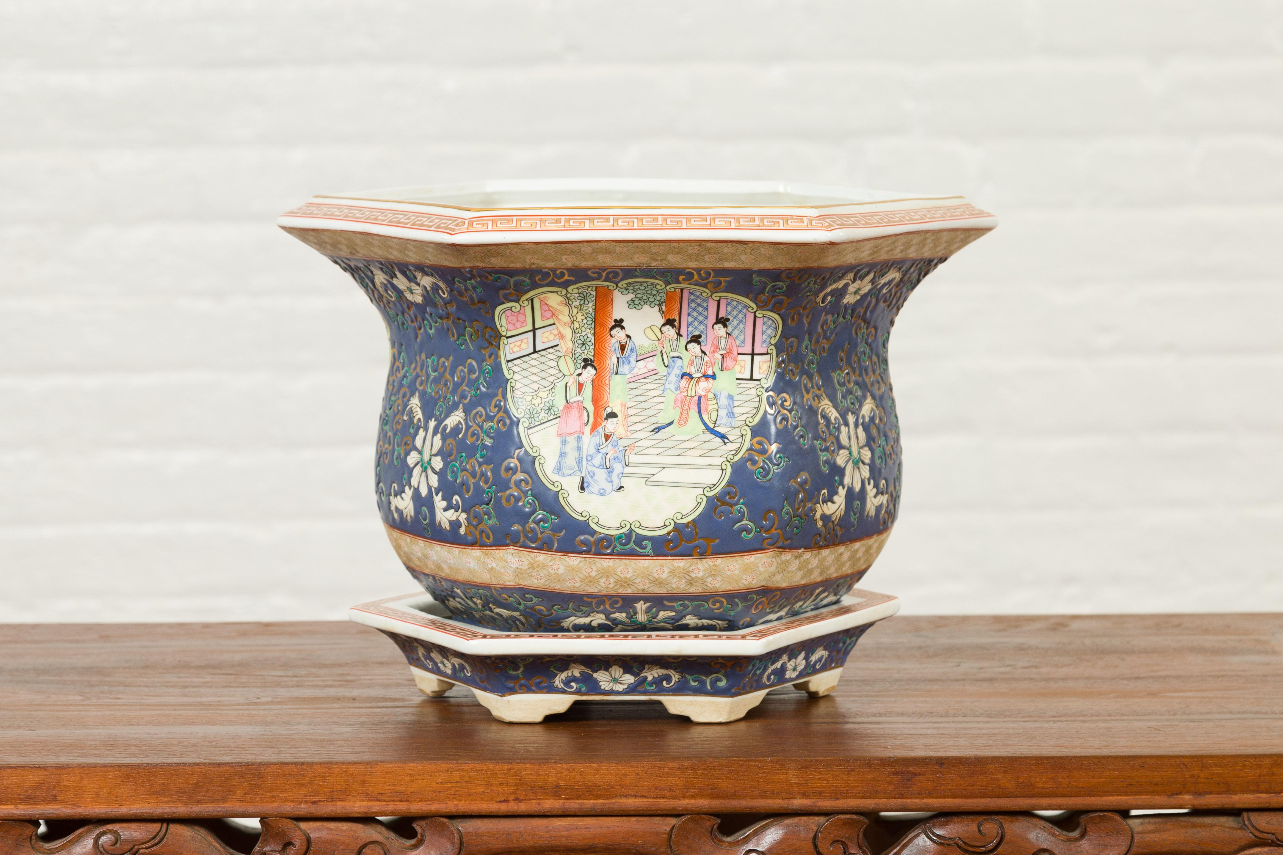 Chinese Hexagonal Planter with Hand Painted Courtyard Scenes Depicting Maidens 8