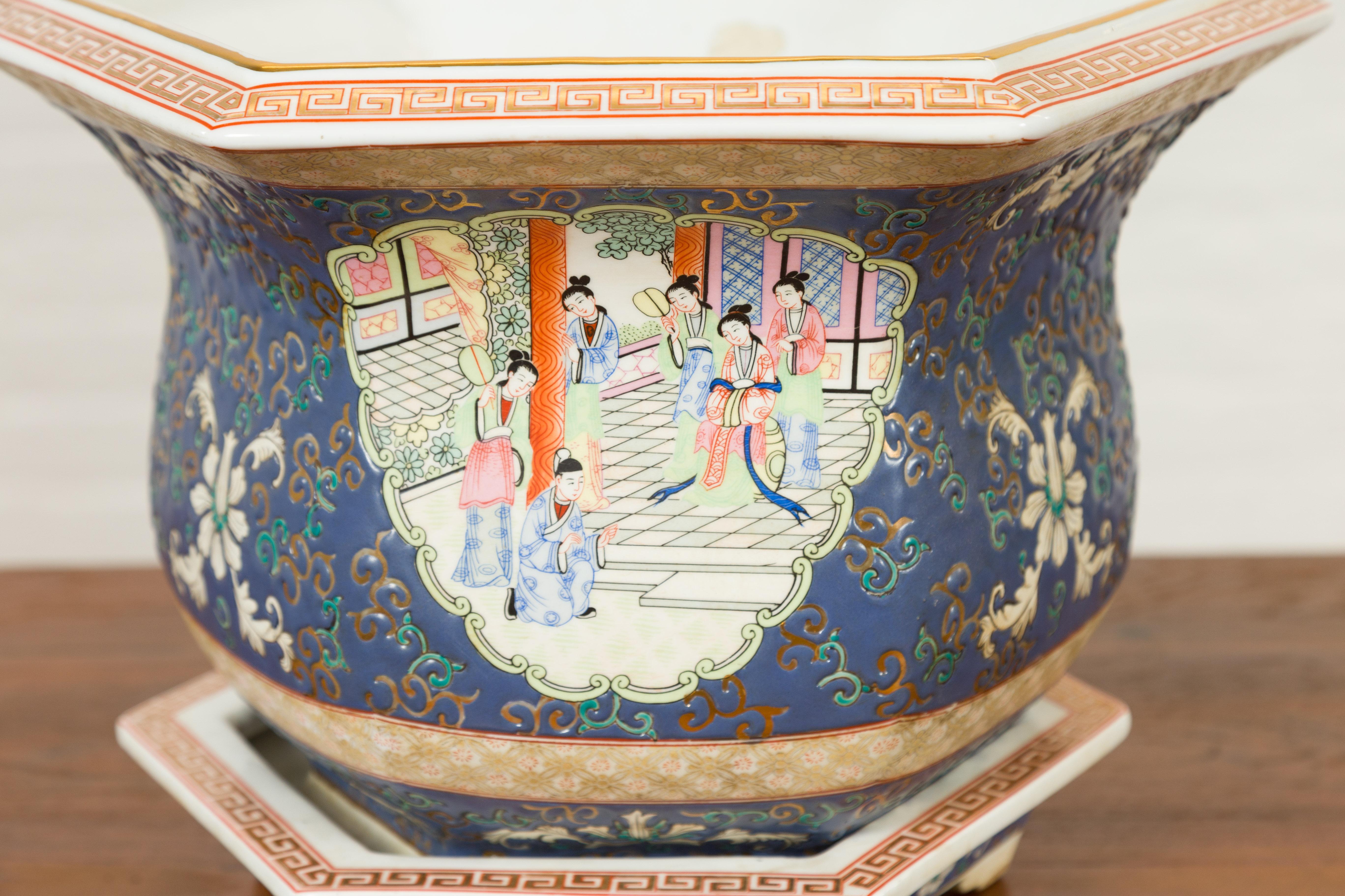 Chinese Hexagonal Planter with Hand Painted Courtyard Scenes Depicting Maidens 9