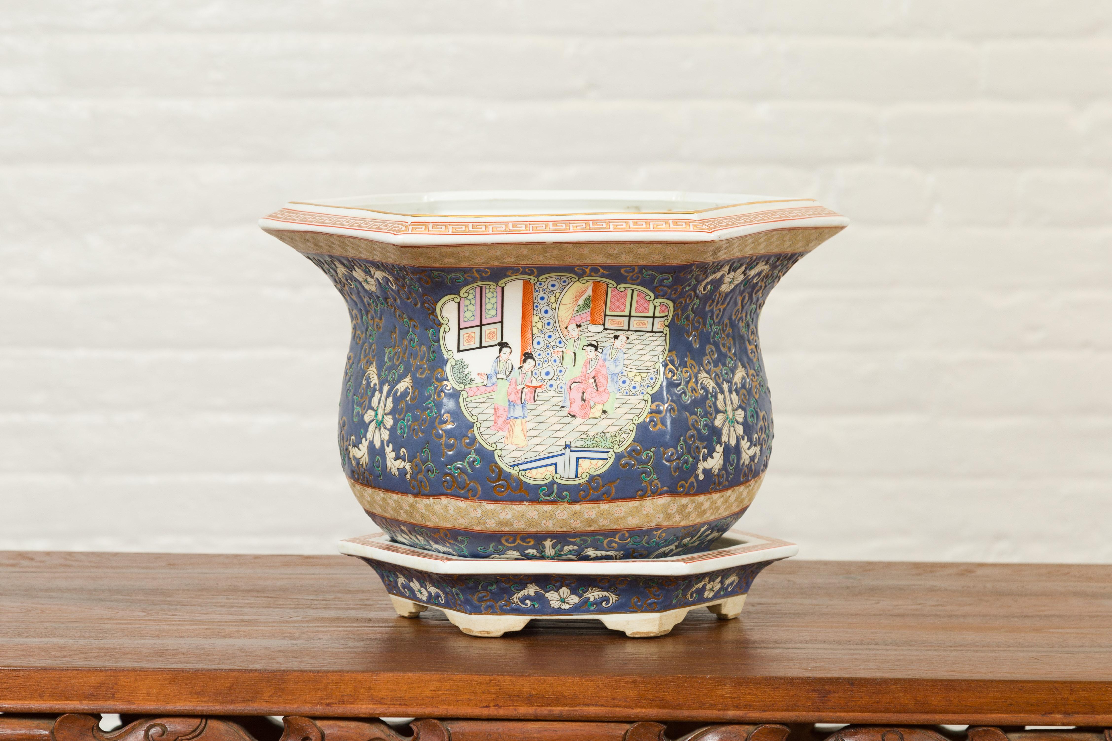 Chinese Hexagonal Planter with Hand Painted Courtyard Scenes Depicting Maidens 10