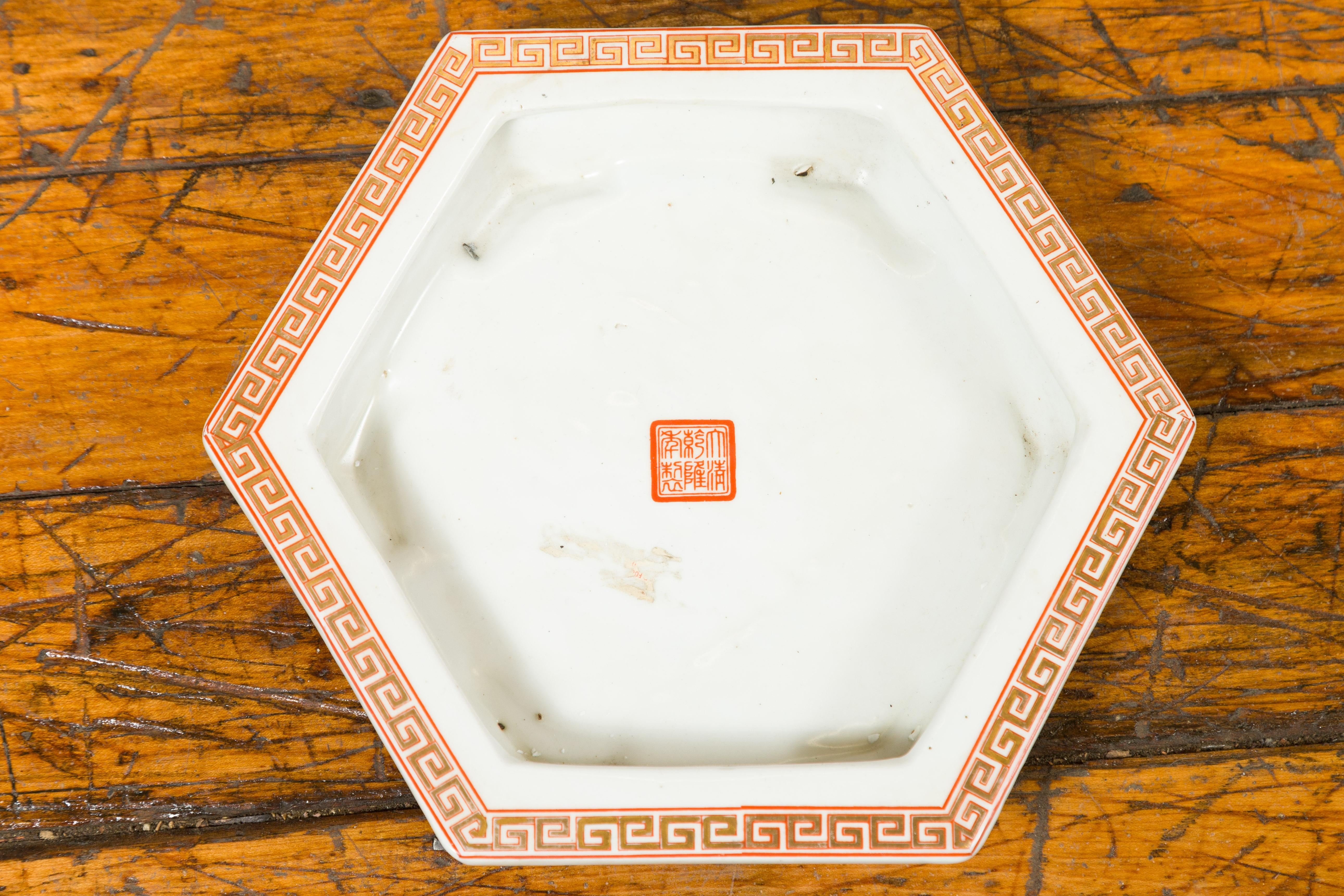 Chinese Hexagonal Planter with Hand Painted Courtyard Scenes Depicting Maidens 12