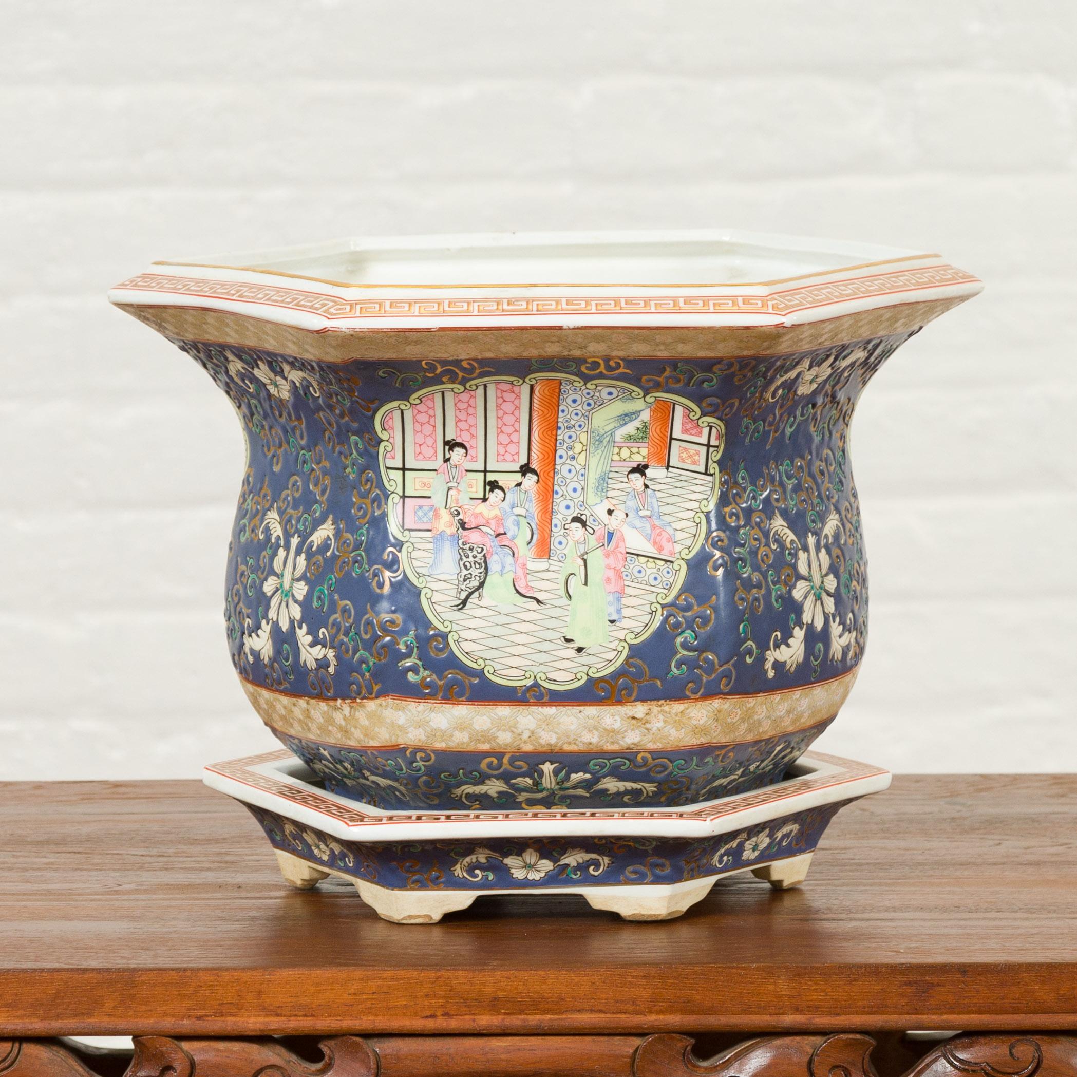 Hand-Painted Chinese Hexagonal Planter with Hand Painted Courtyard Scenes Depicting Maidens
