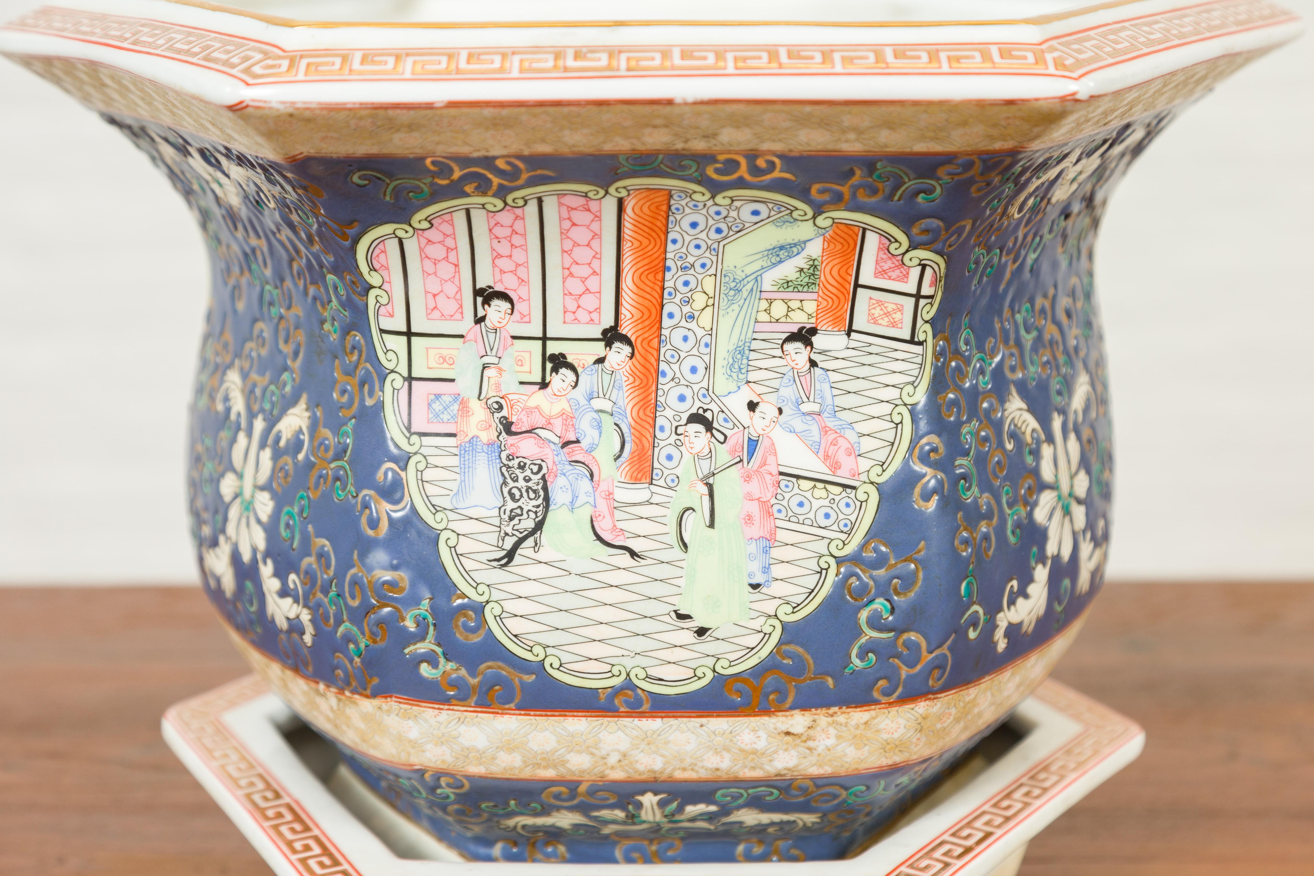 Contemporary Chinese Hexagonal Planter with Hand Painted Courtyard Scenes Depicting Maidens