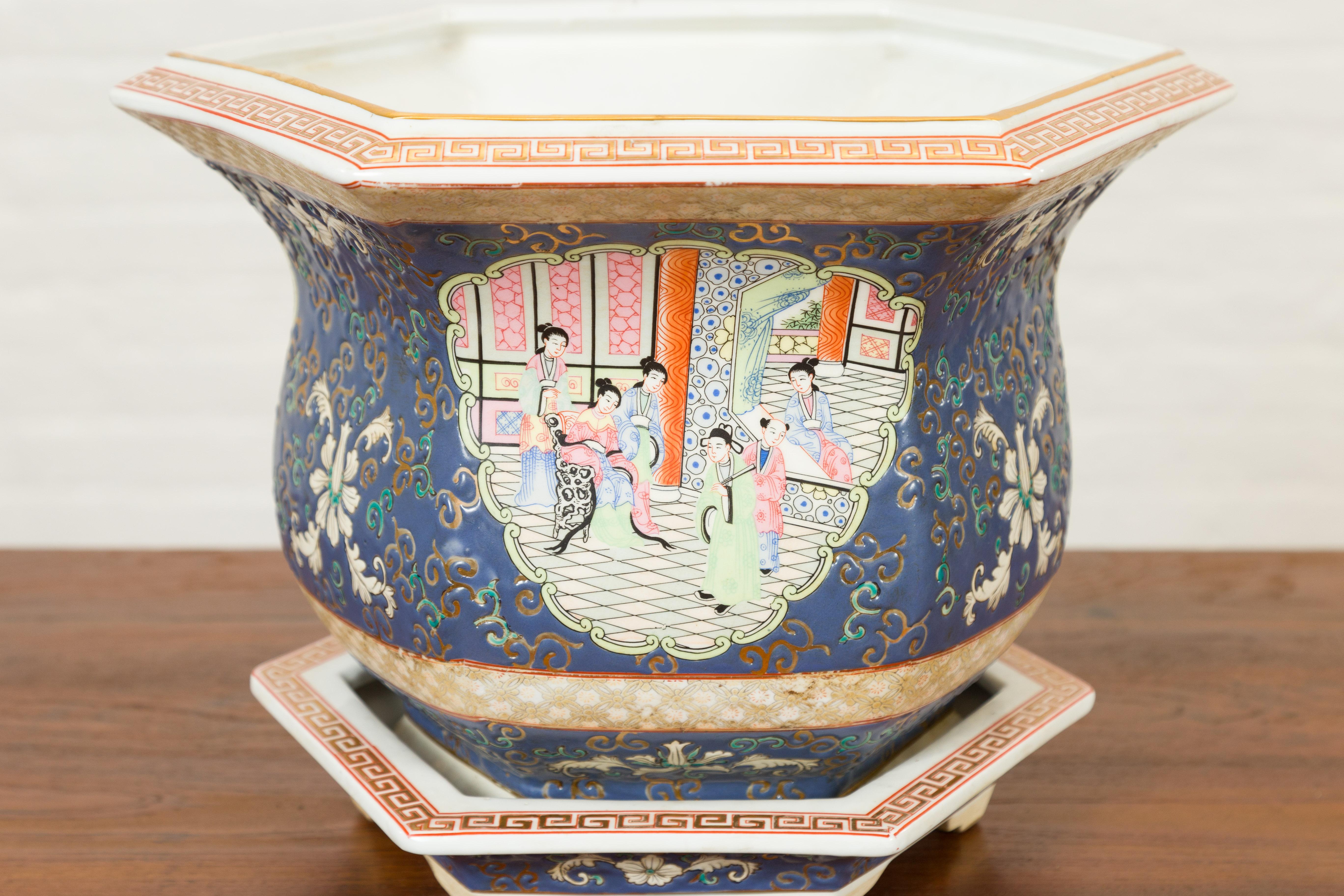 Ceramic Chinese Hexagonal Planter with Hand Painted Courtyard Scenes Depicting Maidens