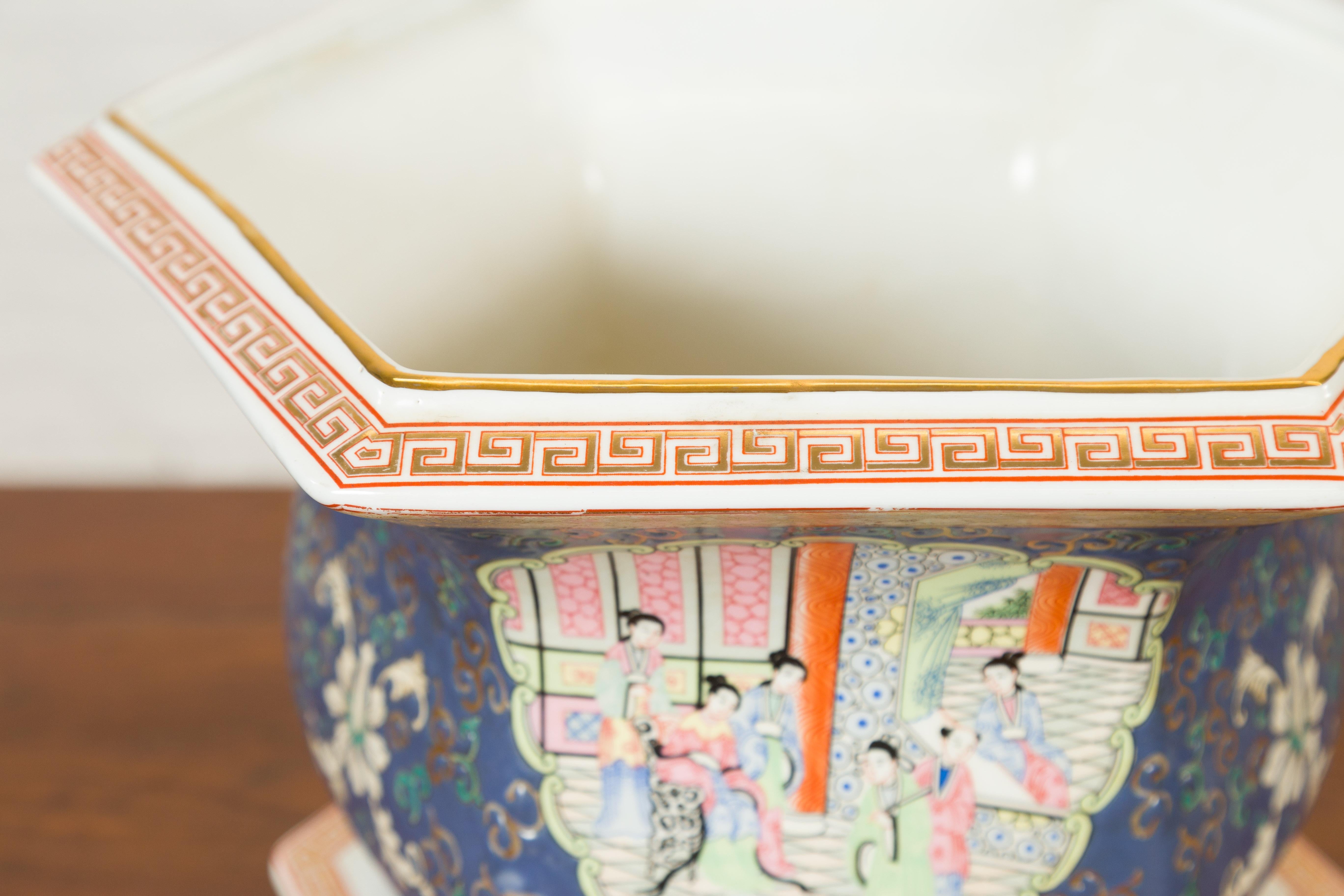 Chinese Hexagonal Planter with Hand Painted Courtyard Scenes Depicting Maidens 1
