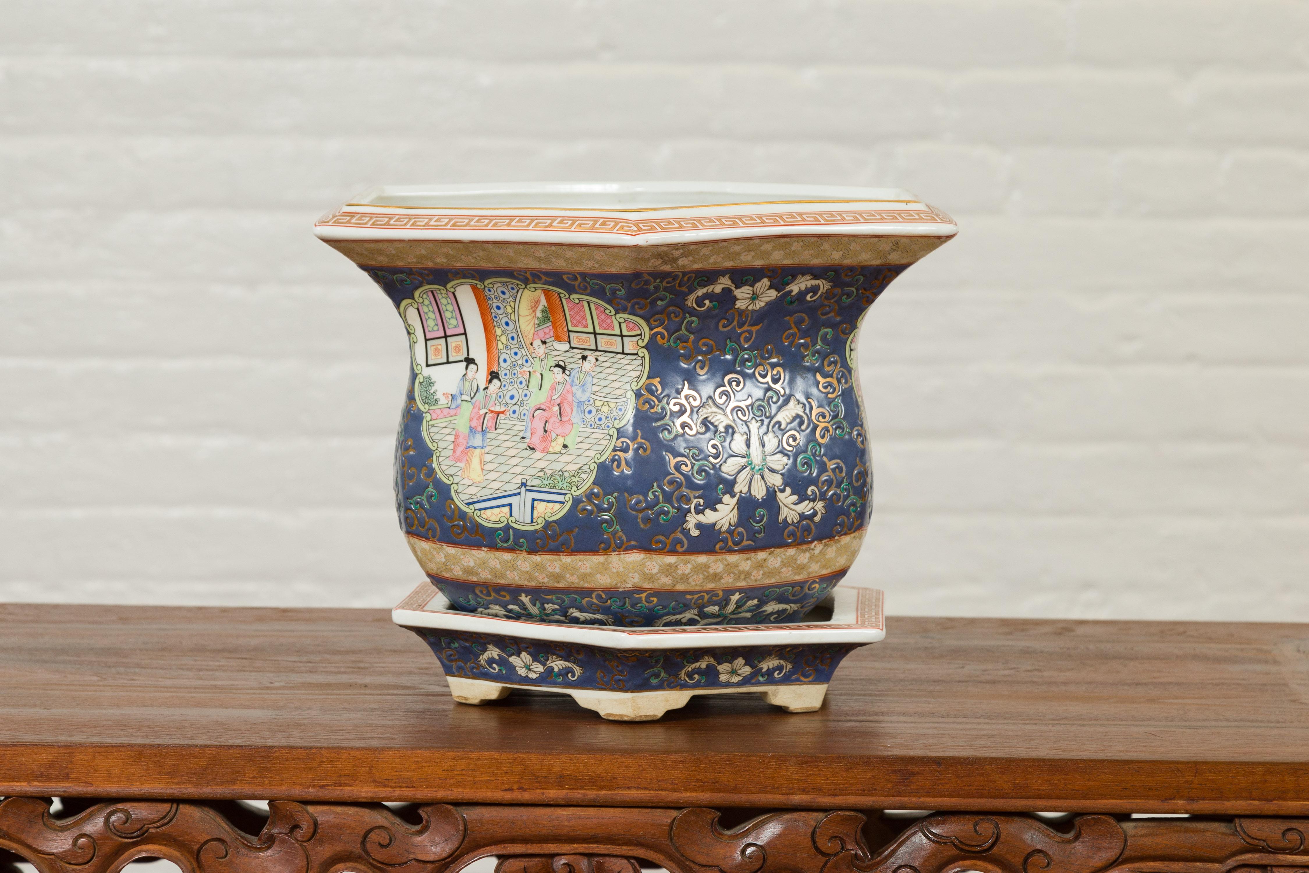 Chinese Hexagonal Planter with Hand Painted Courtyard Scenes Depicting Maidens 3