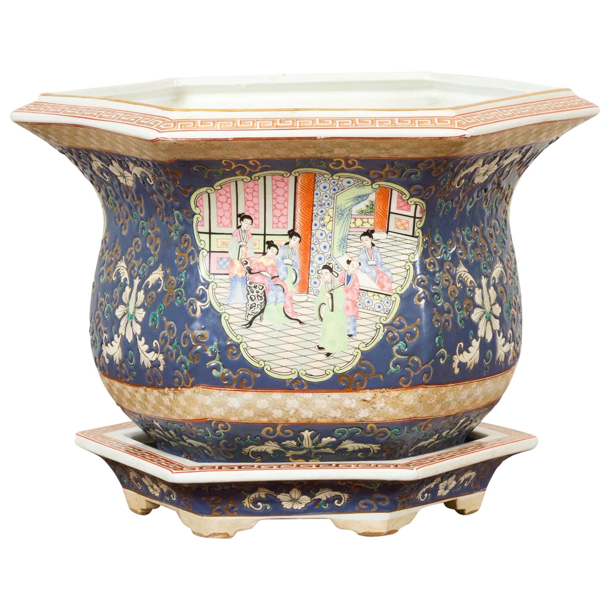 Chinese Hexagonal Planter with Hand Painted Courtyard Scenes Depicting Maidens
