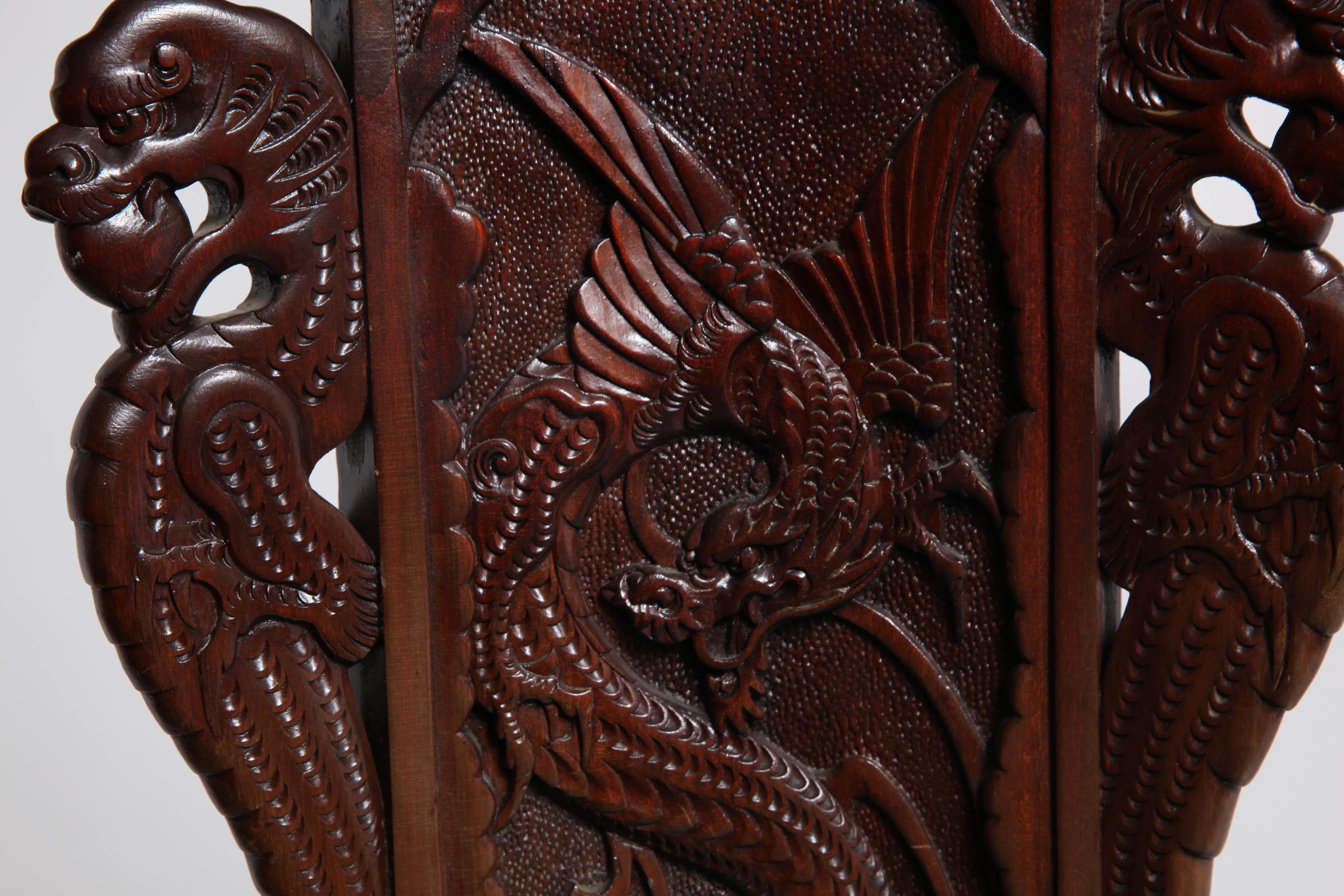Art Nouveau Style Japanese High-Back Dragon and Phoenix Armchair in Carved Wood 7