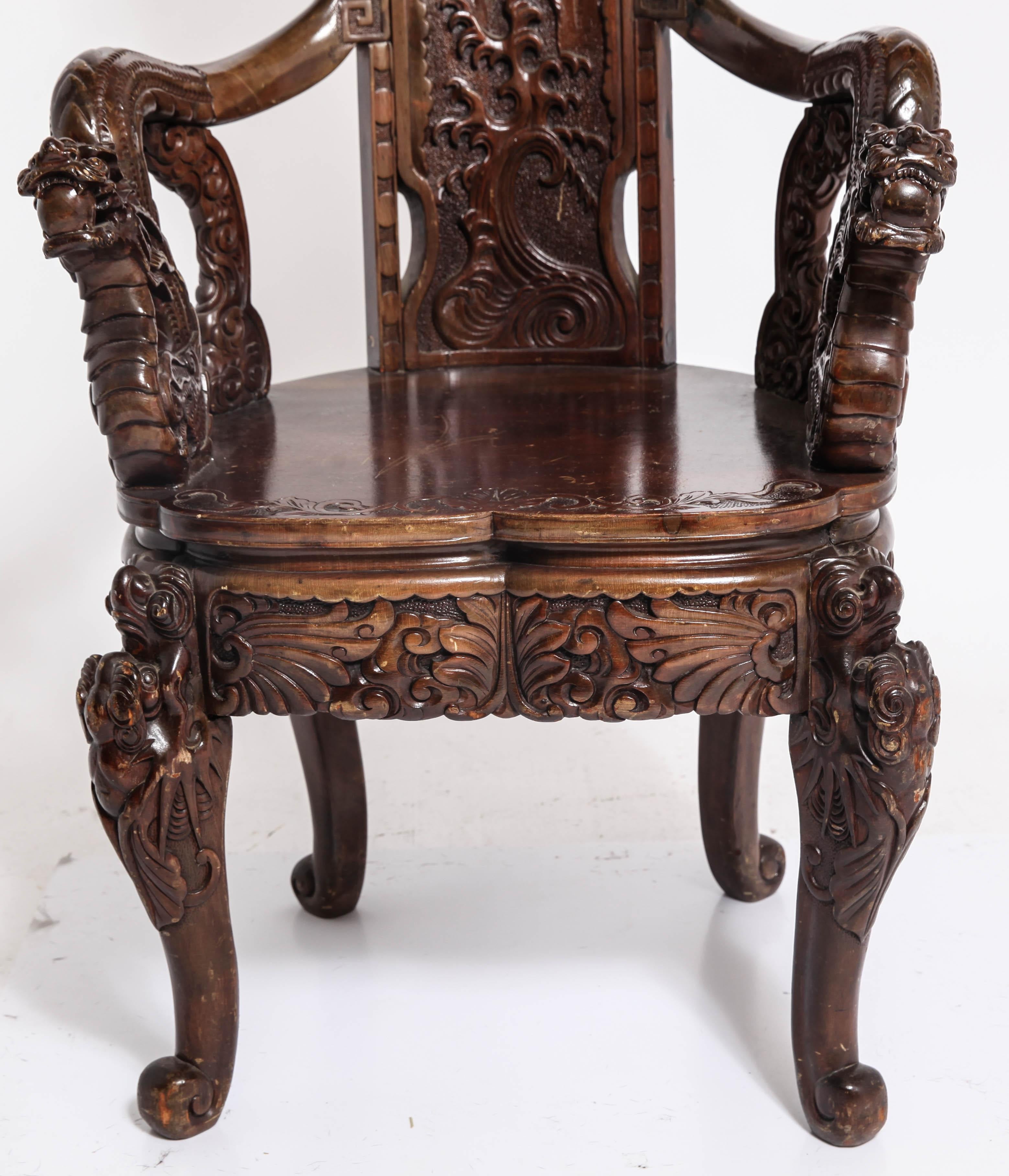 Art Nouveau Style Japanese High-Back Dragon and Phoenix Armchair in Carved Wood 8
