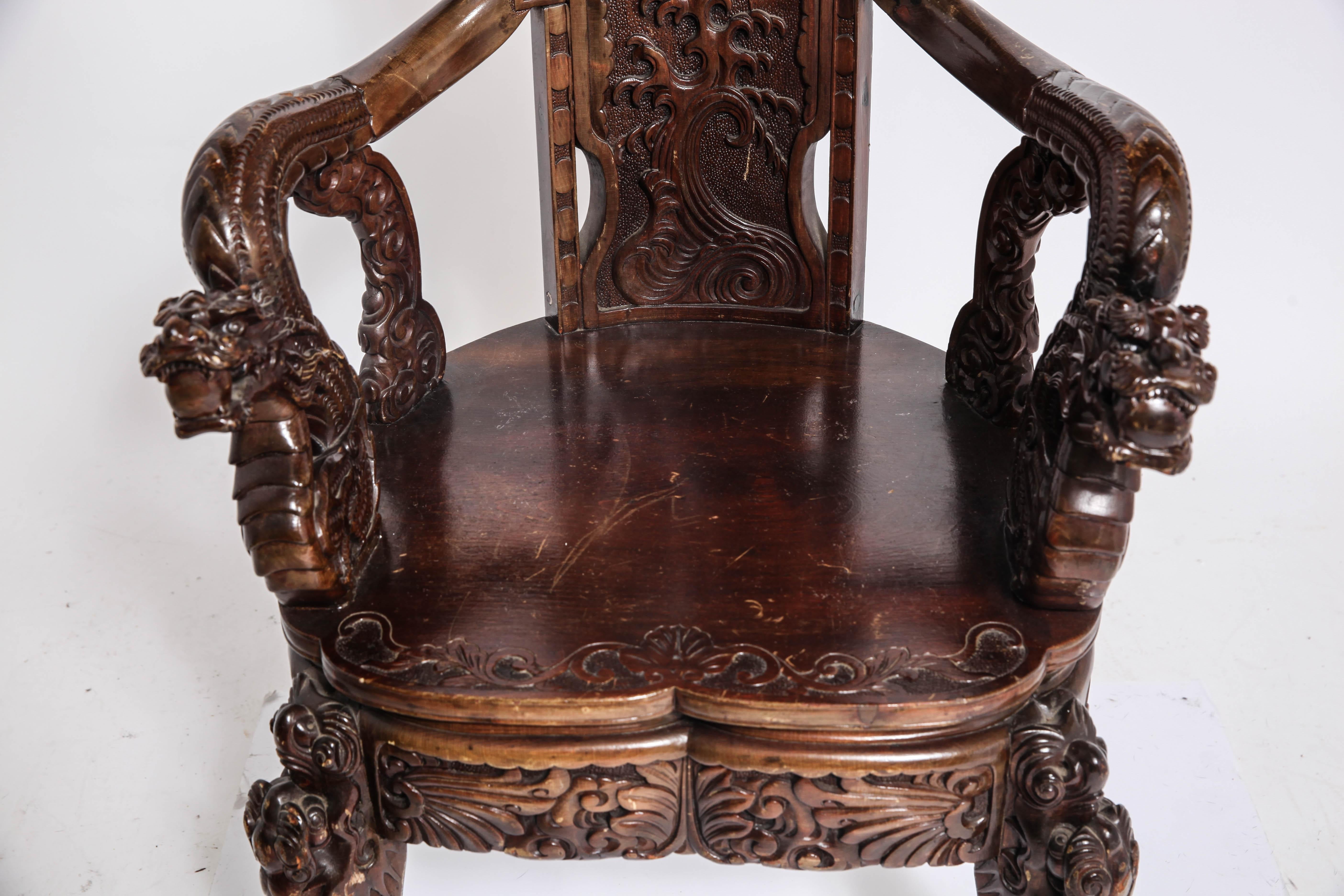 Art Nouveau Style Japanese High-Back Dragon and Phoenix Armchair in Carved Wood 9