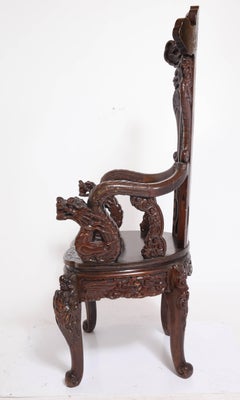 Art Nouveau Style Japanese High-Back Dragon and Phoenix Armchair in Carved Wood