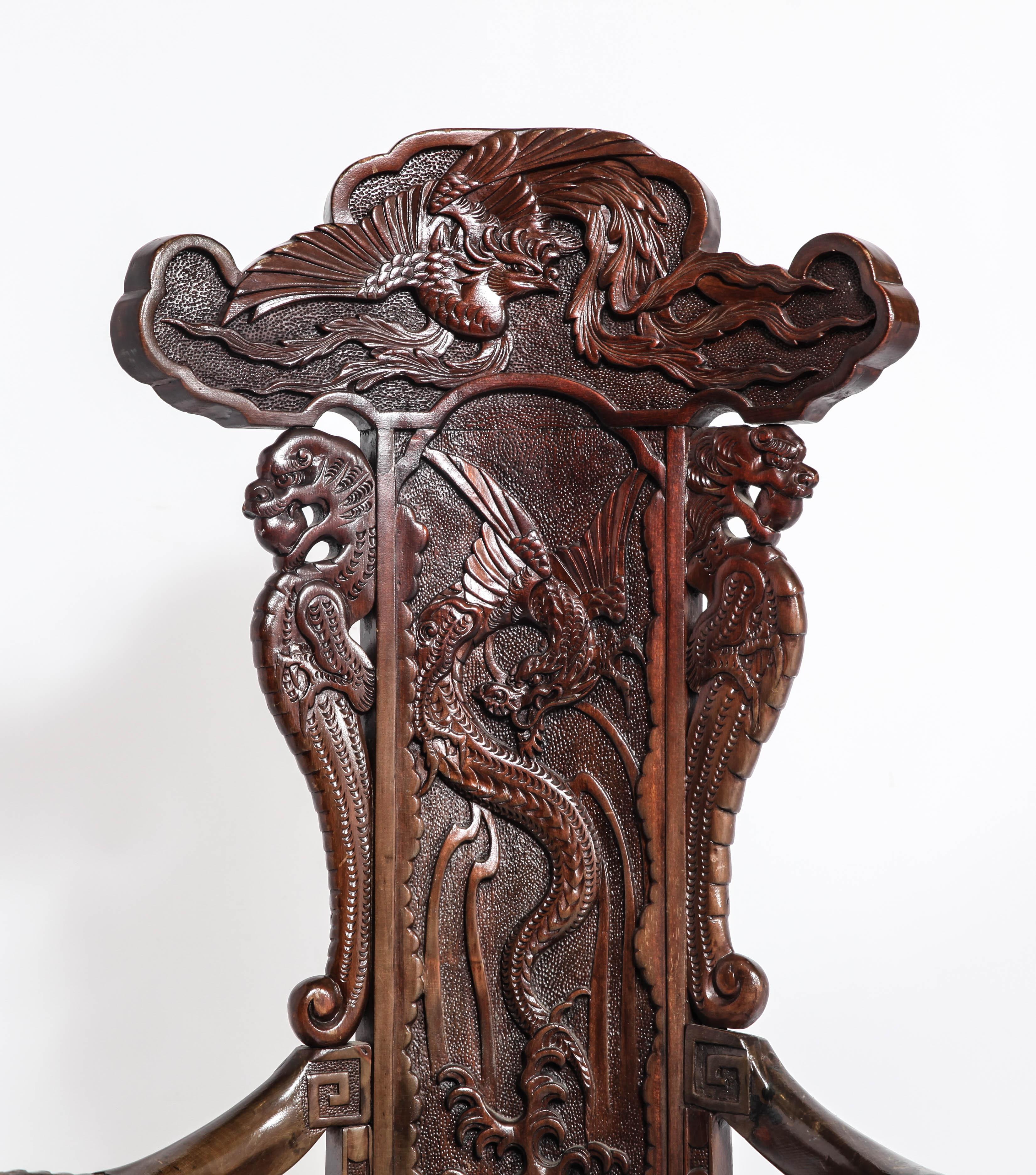 Hand-Carved Art Nouveau Style Japanese High-Back Dragon and Phoenix Armchair in Carved Wood