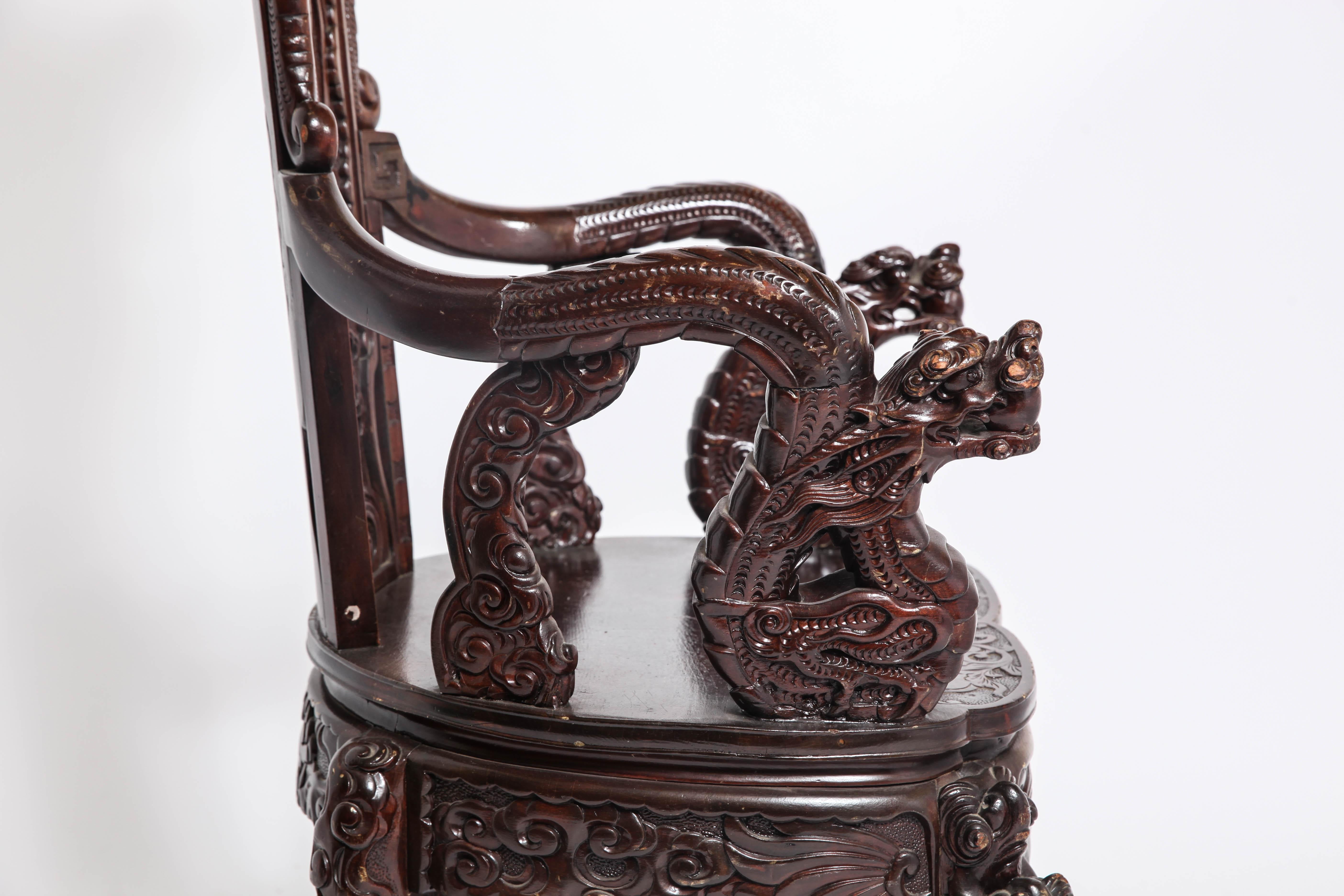 20th Century Art Nouveau Style Japanese High-Back Dragon and Phoenix Armchair in Carved Wood
