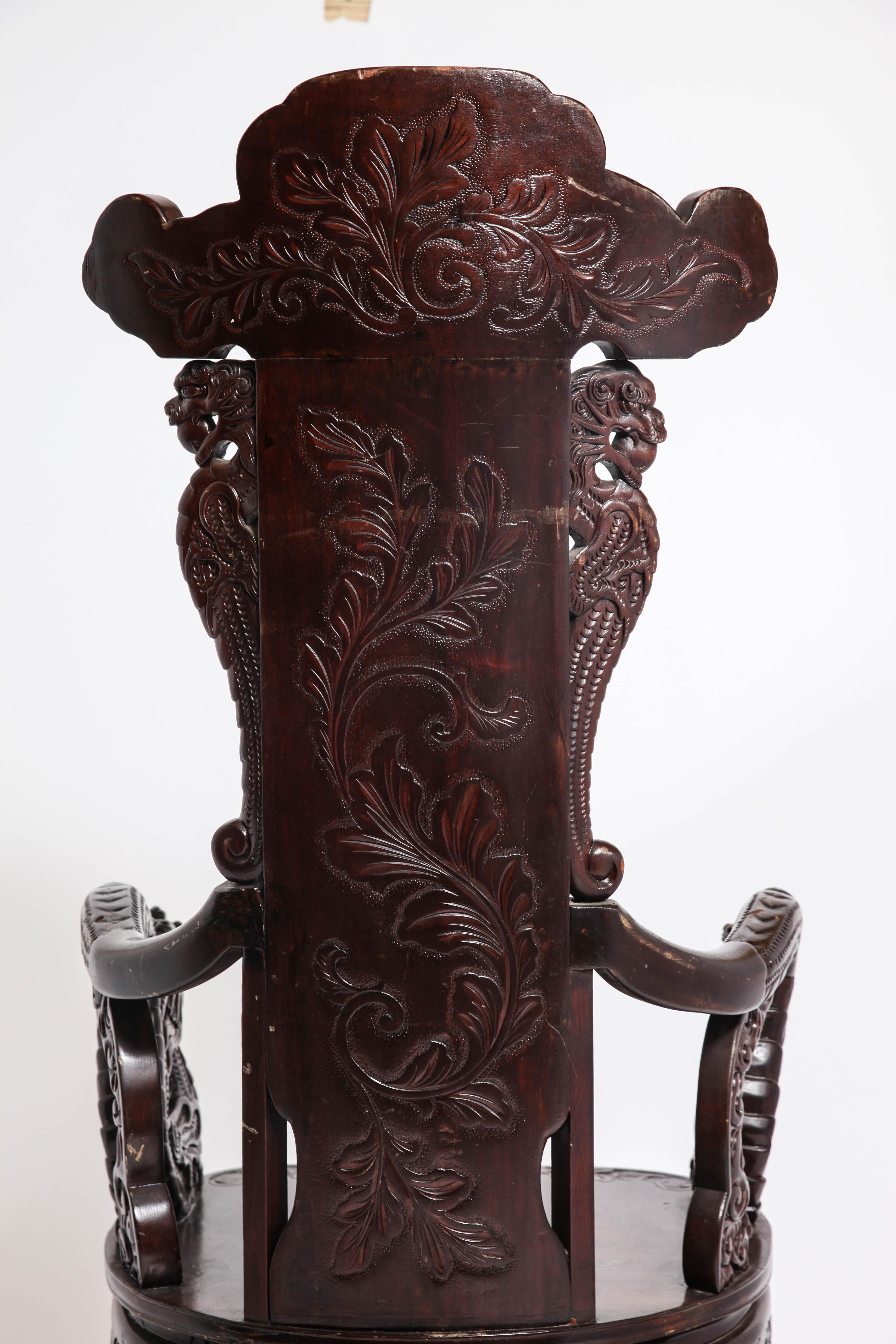 Art Nouveau Style Japanese High-Back Dragon and Phoenix Armchair in Carved Wood 3