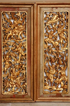 Chinese High Relief Carved Figural Gilt Panels