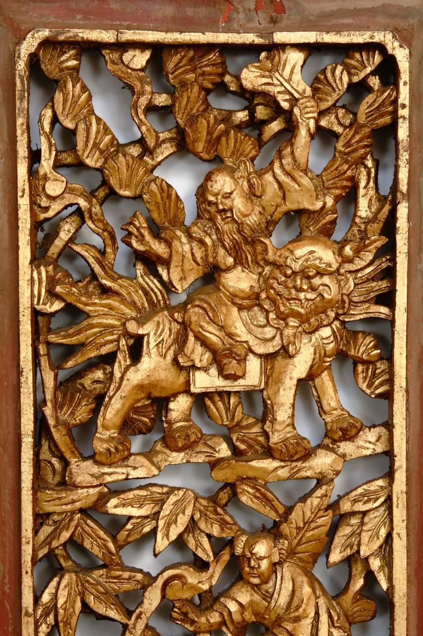 Wood Chinese High Relief Carved Figural Gilt Panels