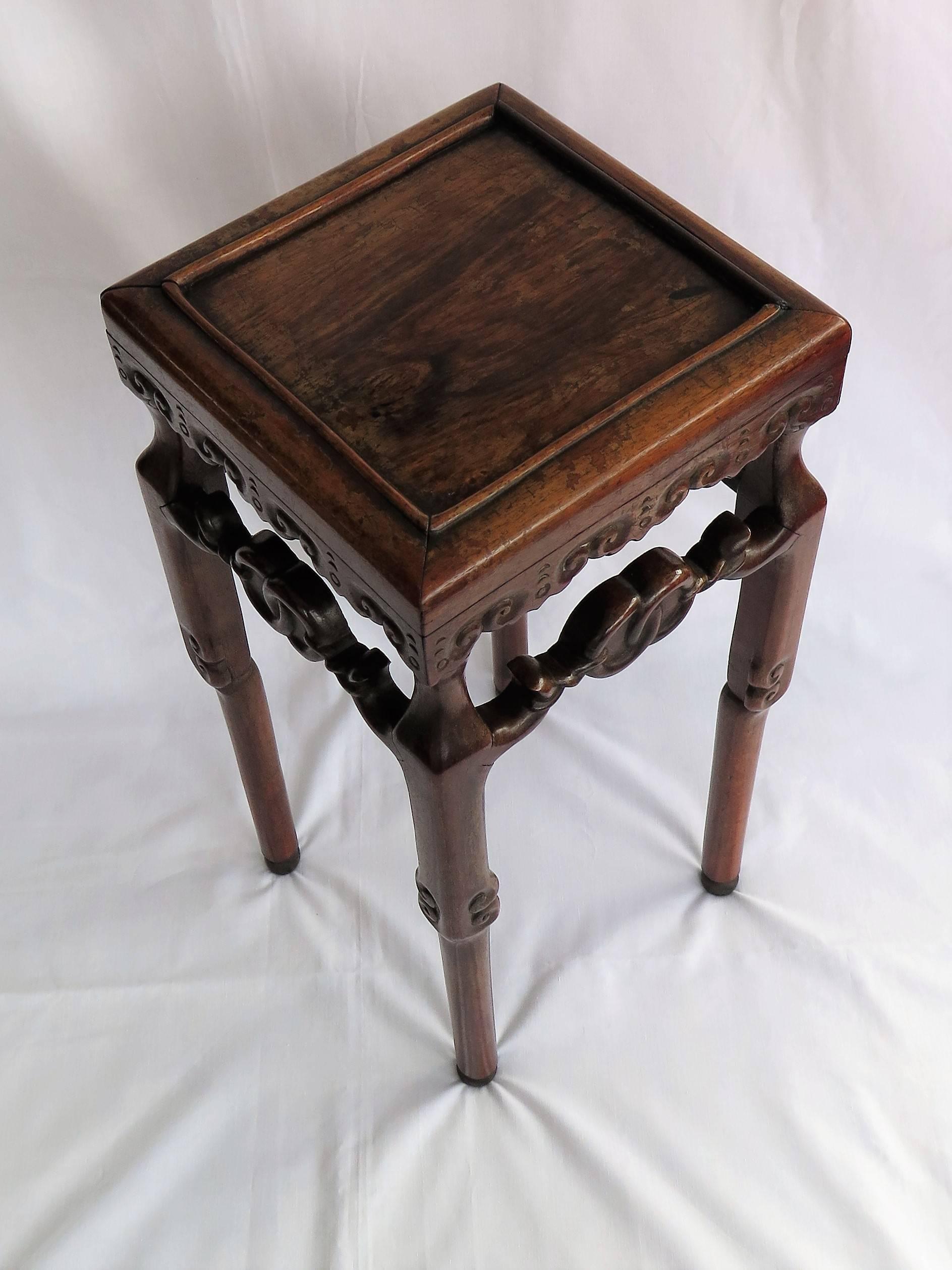 Hand-Carved Chinese Hongmu Hardwood Stand or Side Table, 19th Century Qing